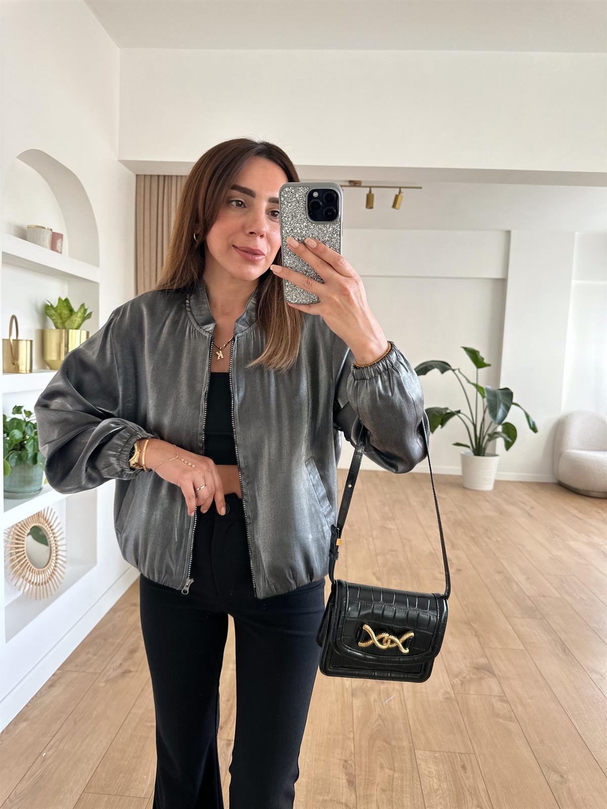 GRİ PARLAK ASTARLI BOMBER CEKET