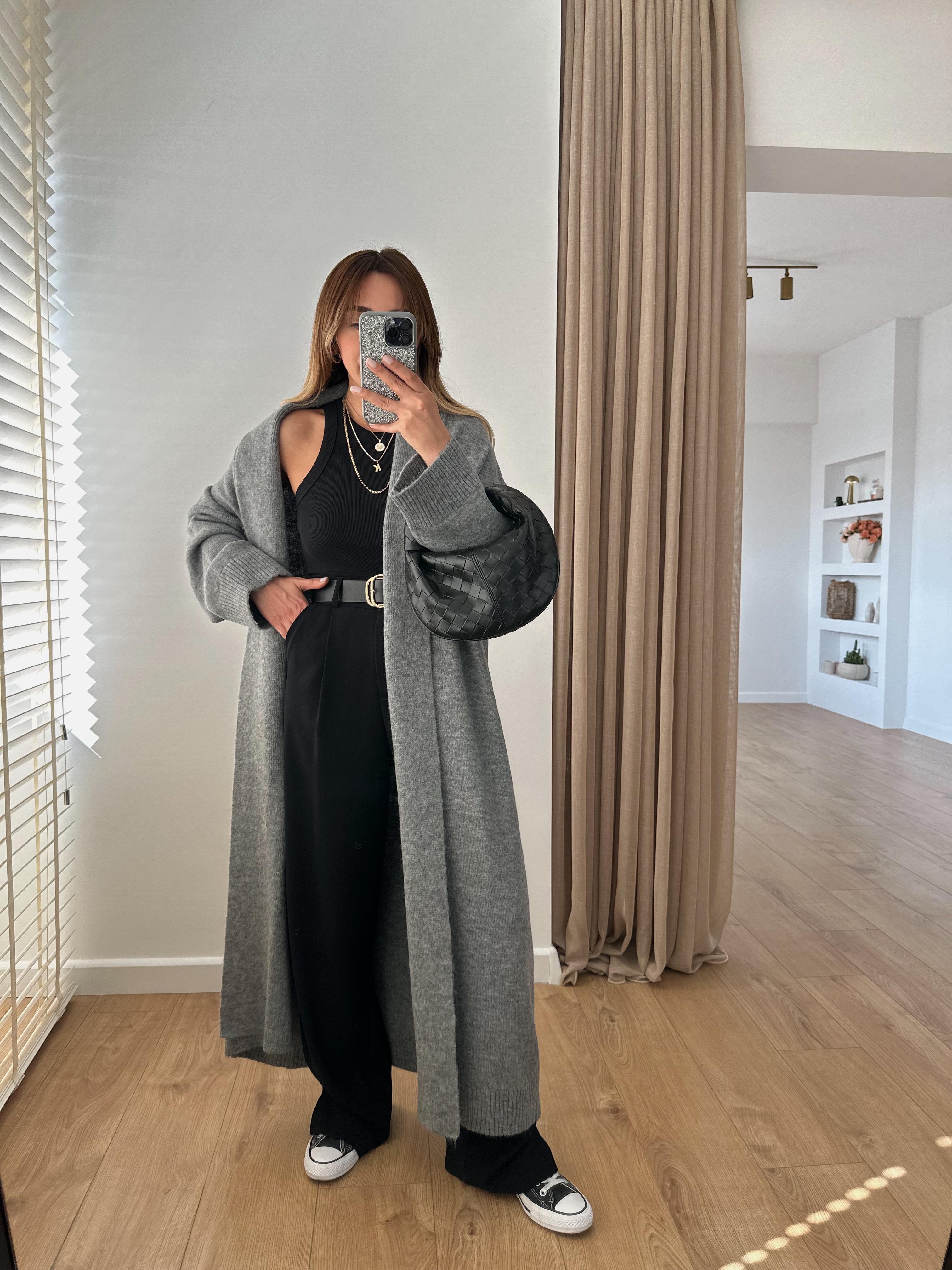 GRİ  ŞAL YAKA OVERSIZE UZUN HIRKA