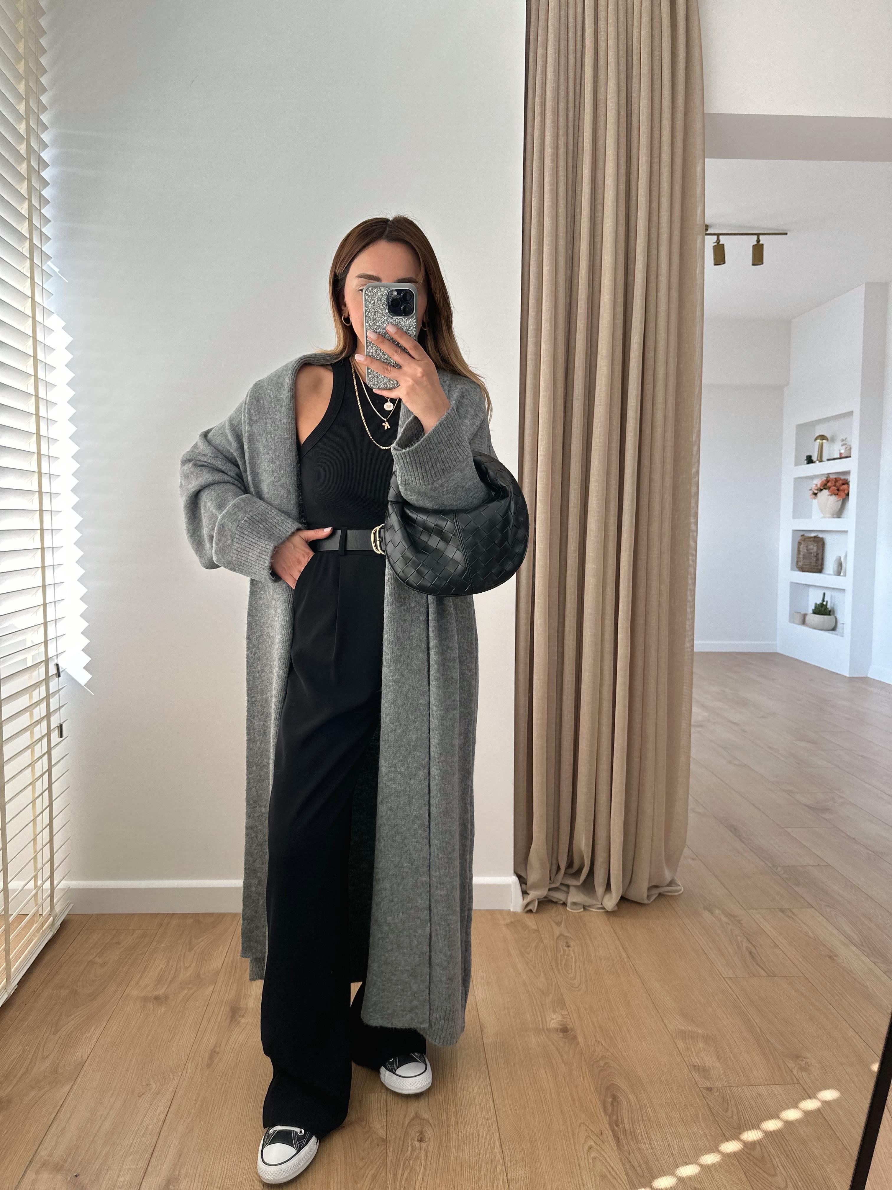 GRİ  ŞAL YAKA OVERSIZE UZUN HIRKA