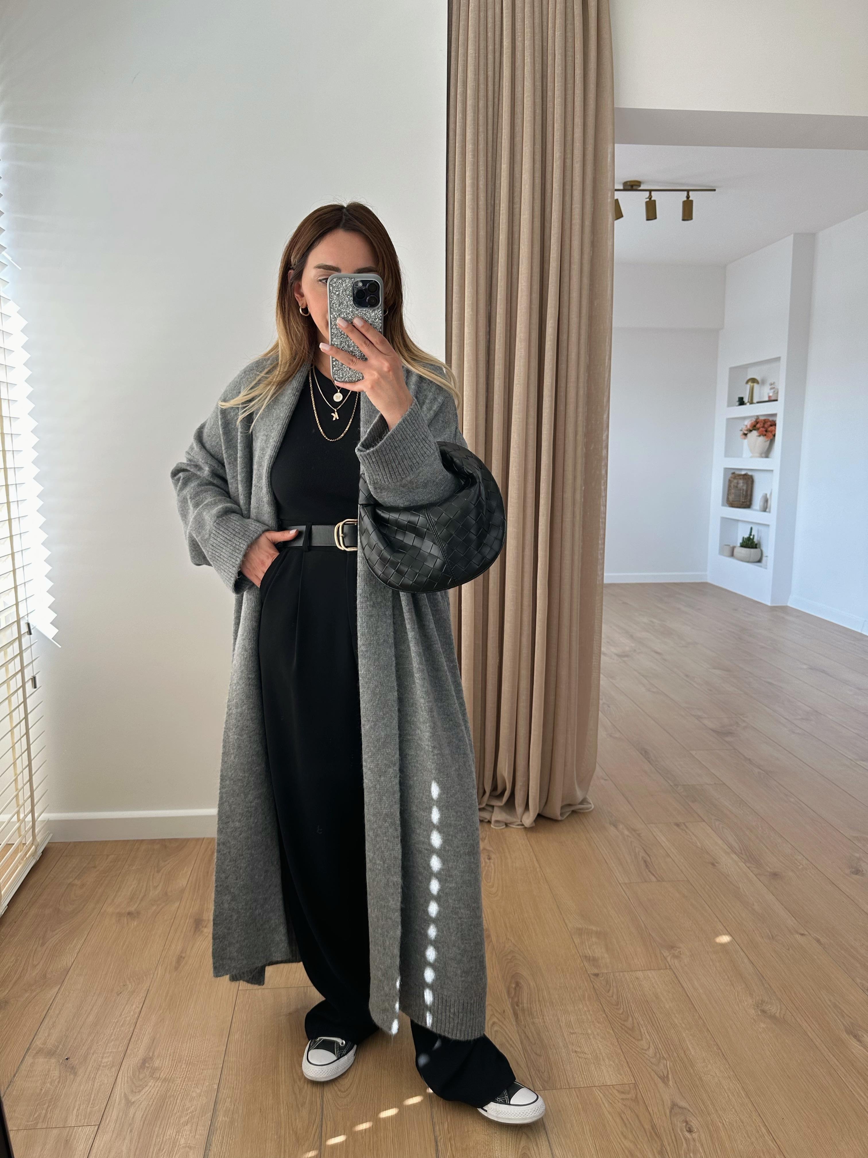 GRİ  ŞAL YAKA OVERSIZE UZUN HIRKA