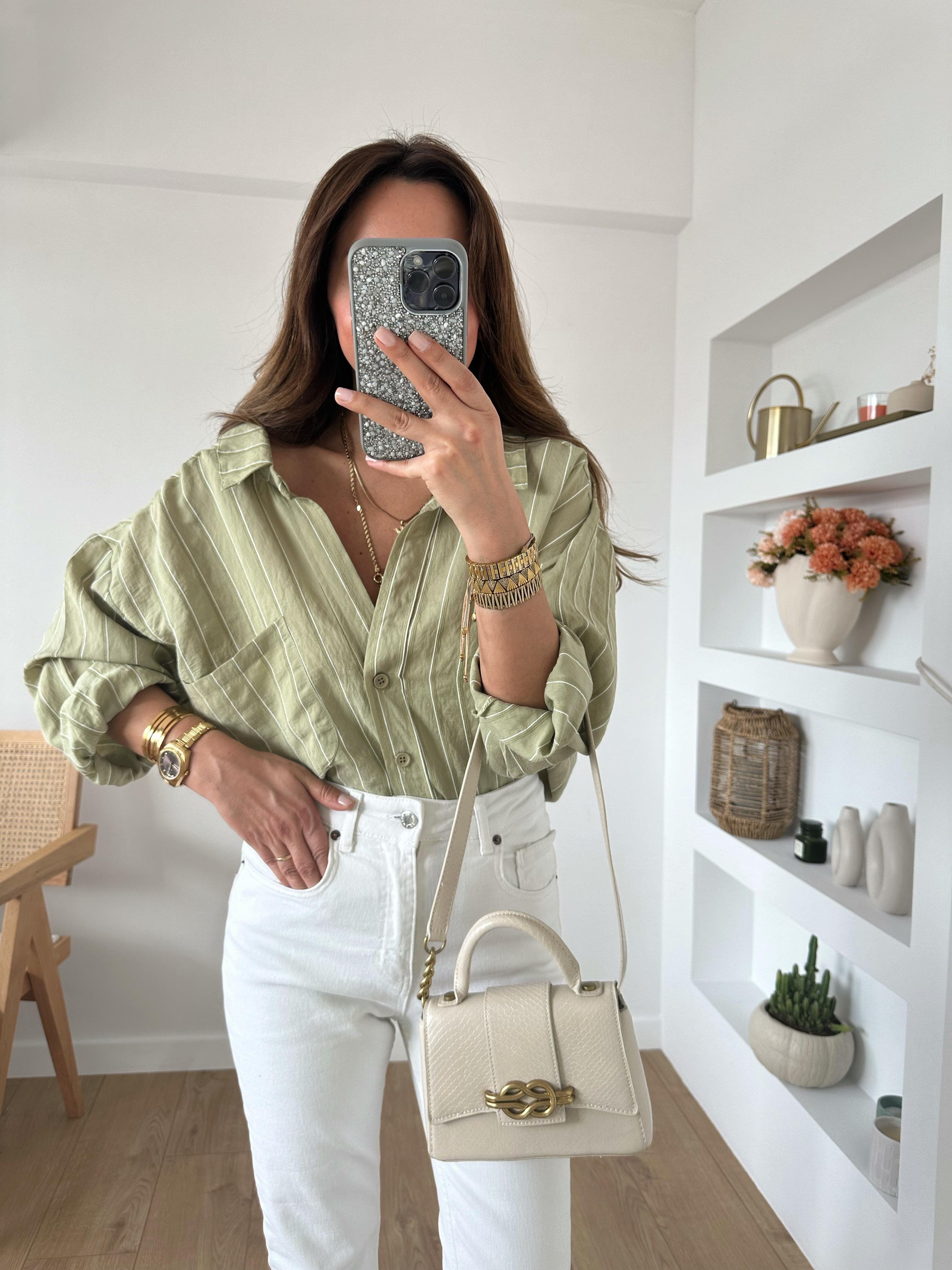 HAKİ ÇİZGİLİ MODAL KARIŞIMLI OVERSIZE GÖMLEK