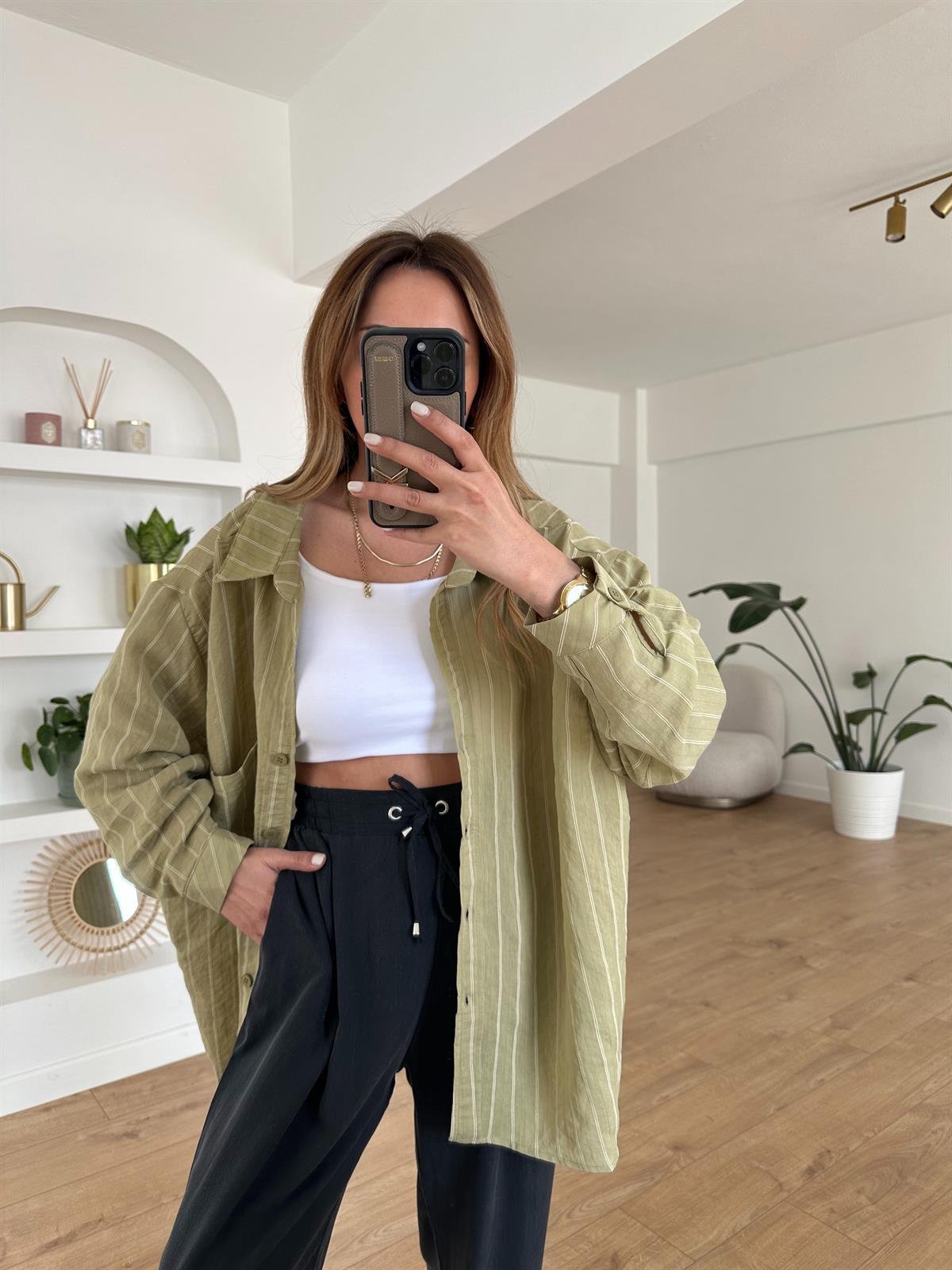 HAKİ ÇİZGİLİ TENSEL OVERSIZE GÖMLEK
