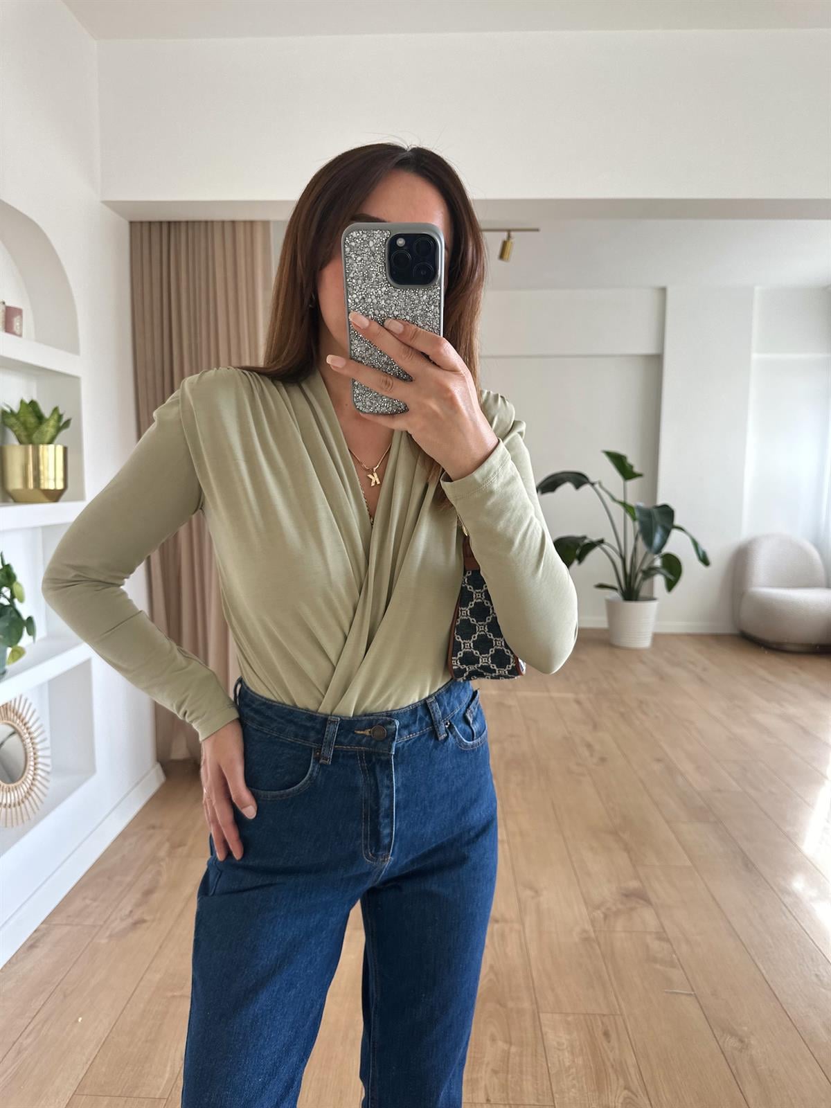 HAKİ MODAL KRUVAZE ÇITÇITLI BODYSUIT