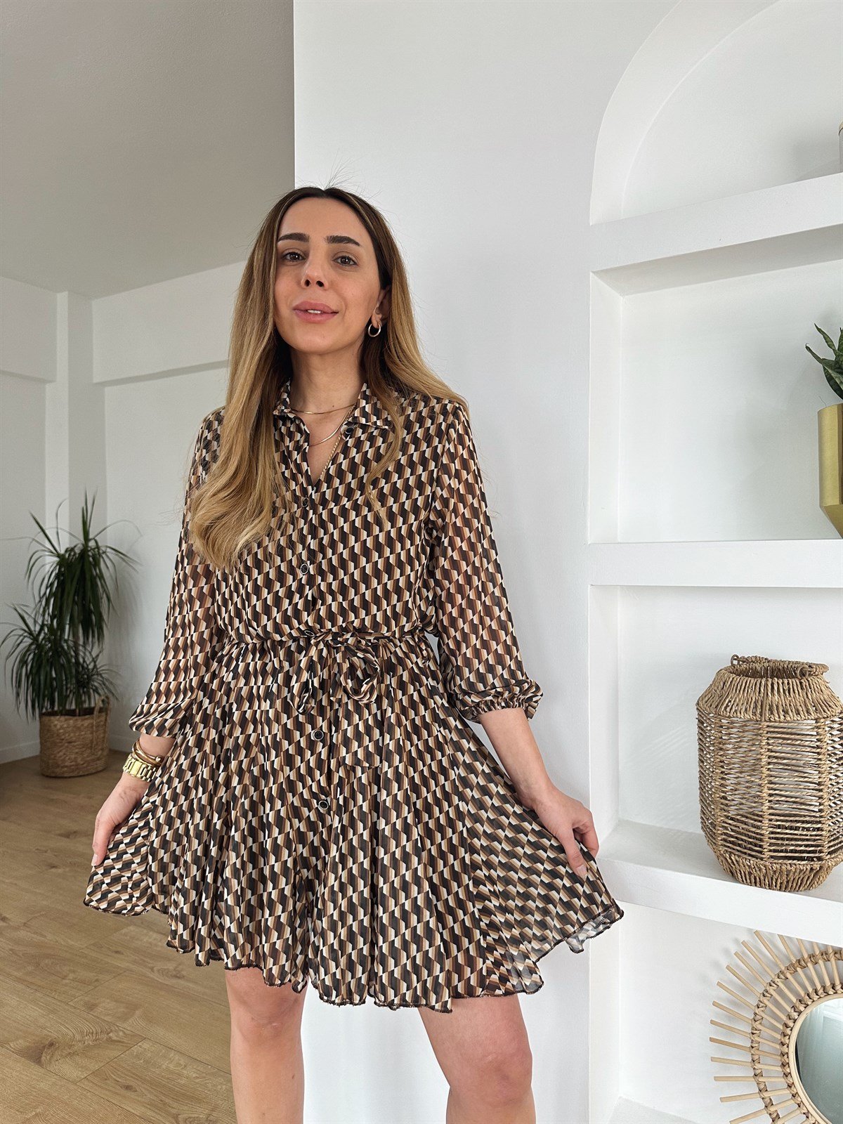 KAHVE DESENLİ ŞİFON ELBİSE