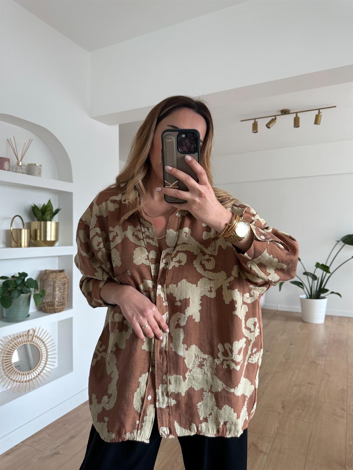 KAHVE DESENLİ TENSEL OVERSIZE GÖMLEK