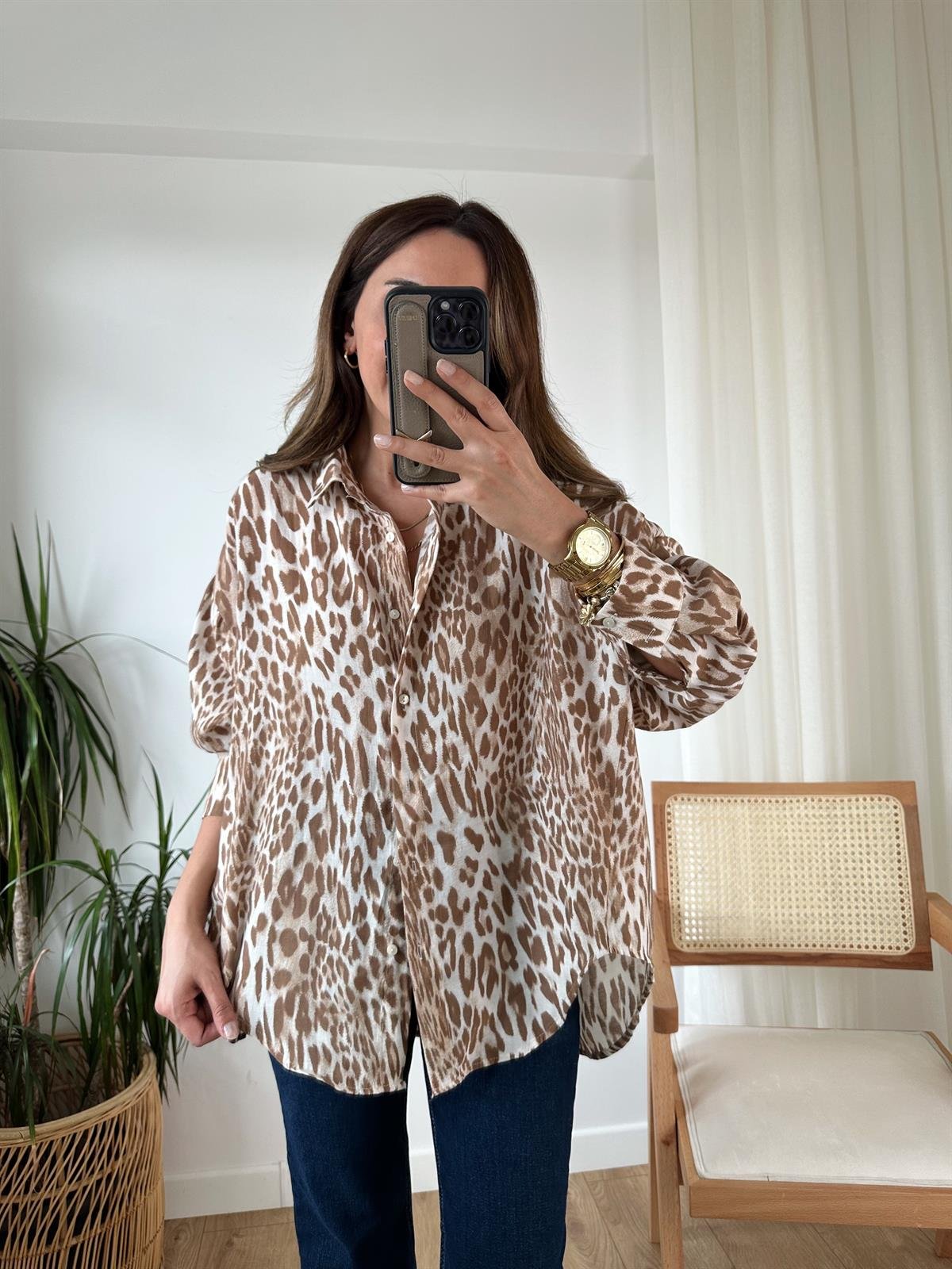 KAHVE LEOPAR TENSEL OVERSIZE GÖMLEK