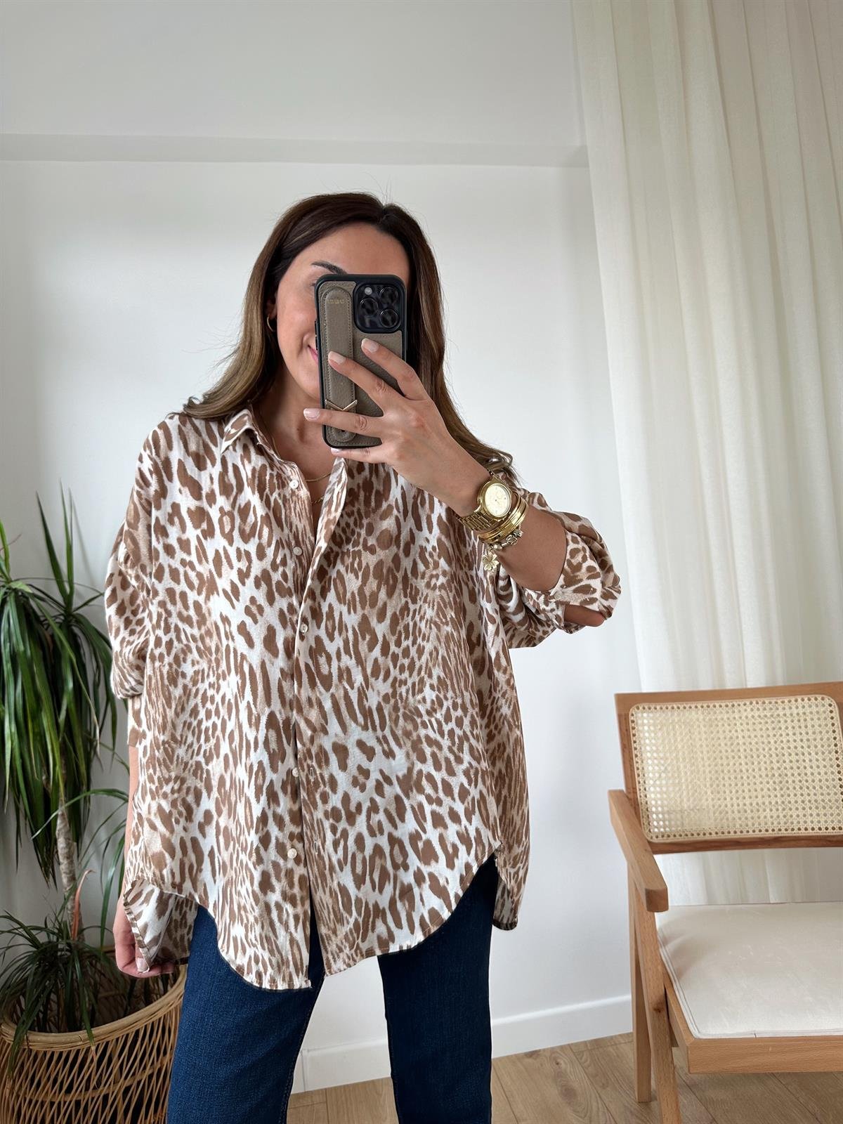 KAHVE LEOPAR TENSEL OVERSIZE GÖMLEK