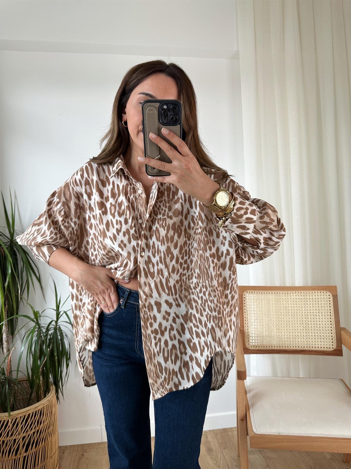 KAHVE LEOPAR TENSEL OVERSIZE GÖMLEK