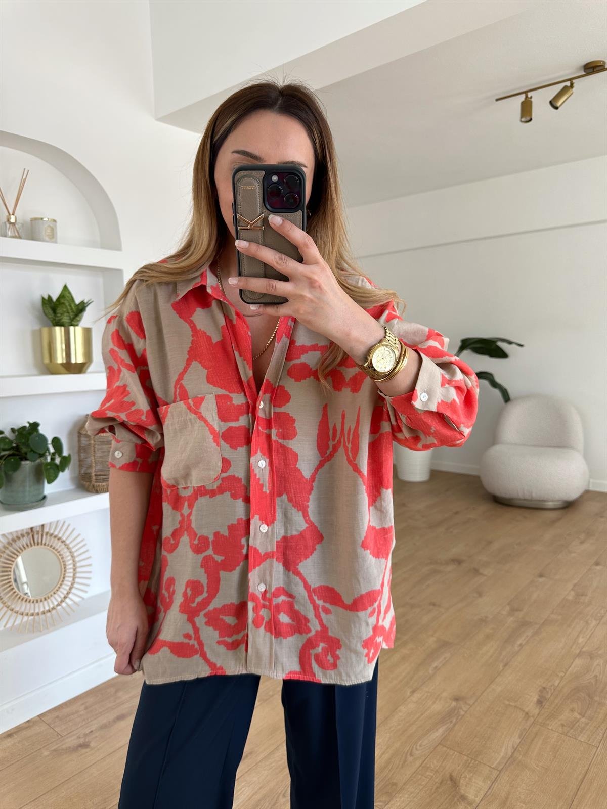 KIRMIZI DESENLİ TENSEL OVERSIZE GÖMLEK