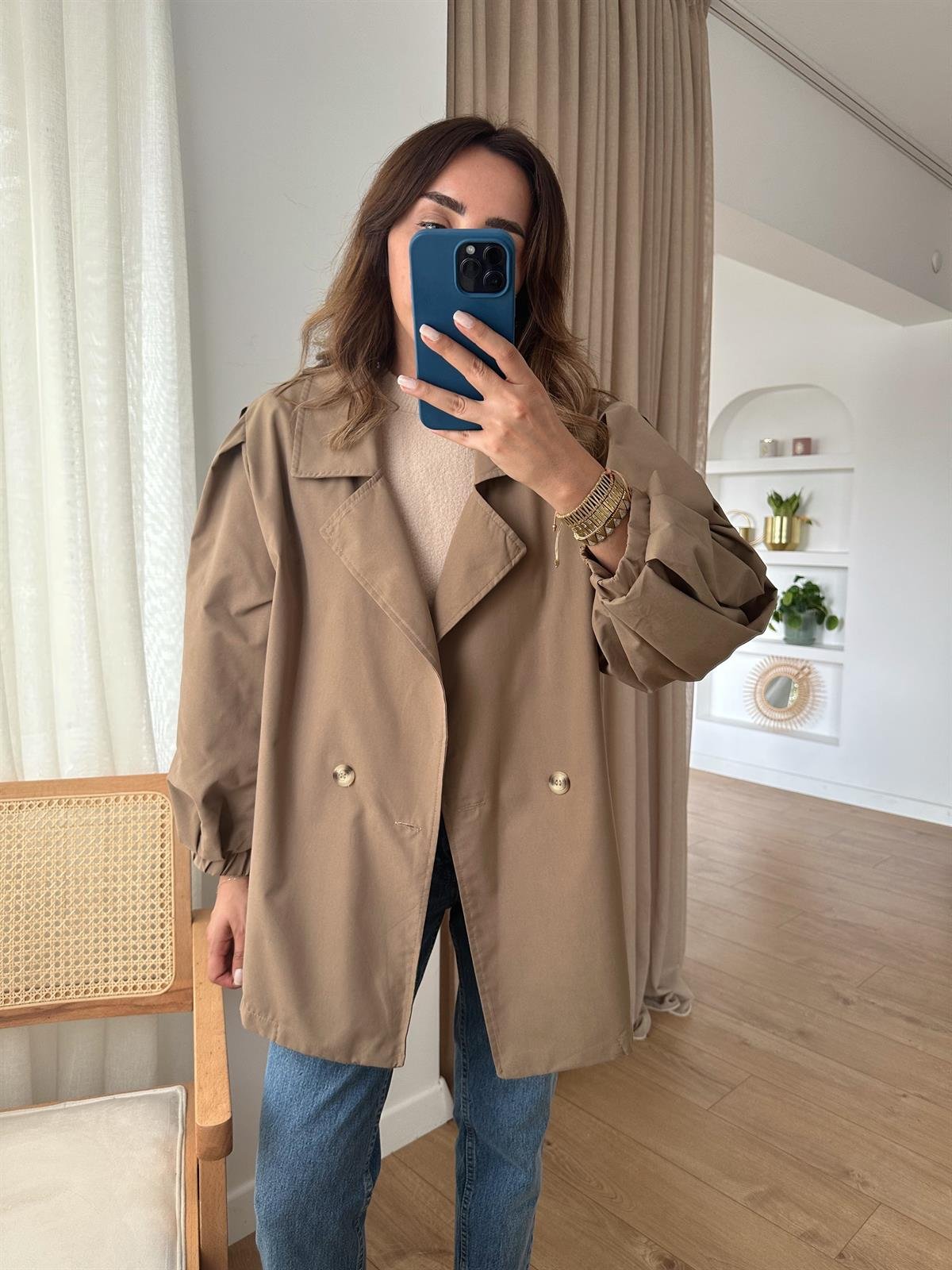 KOYU VİZON BALON KOL OVERSIZE TRENCH
