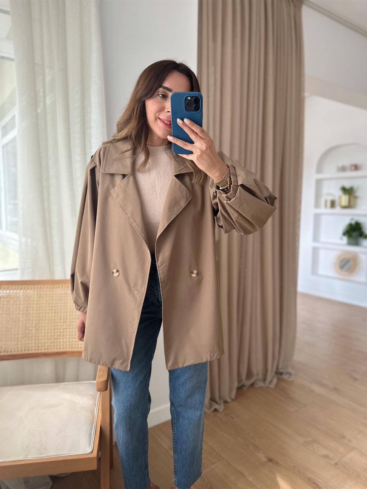 KOYU VİZON BALON KOL OVERSIZE TRENCH