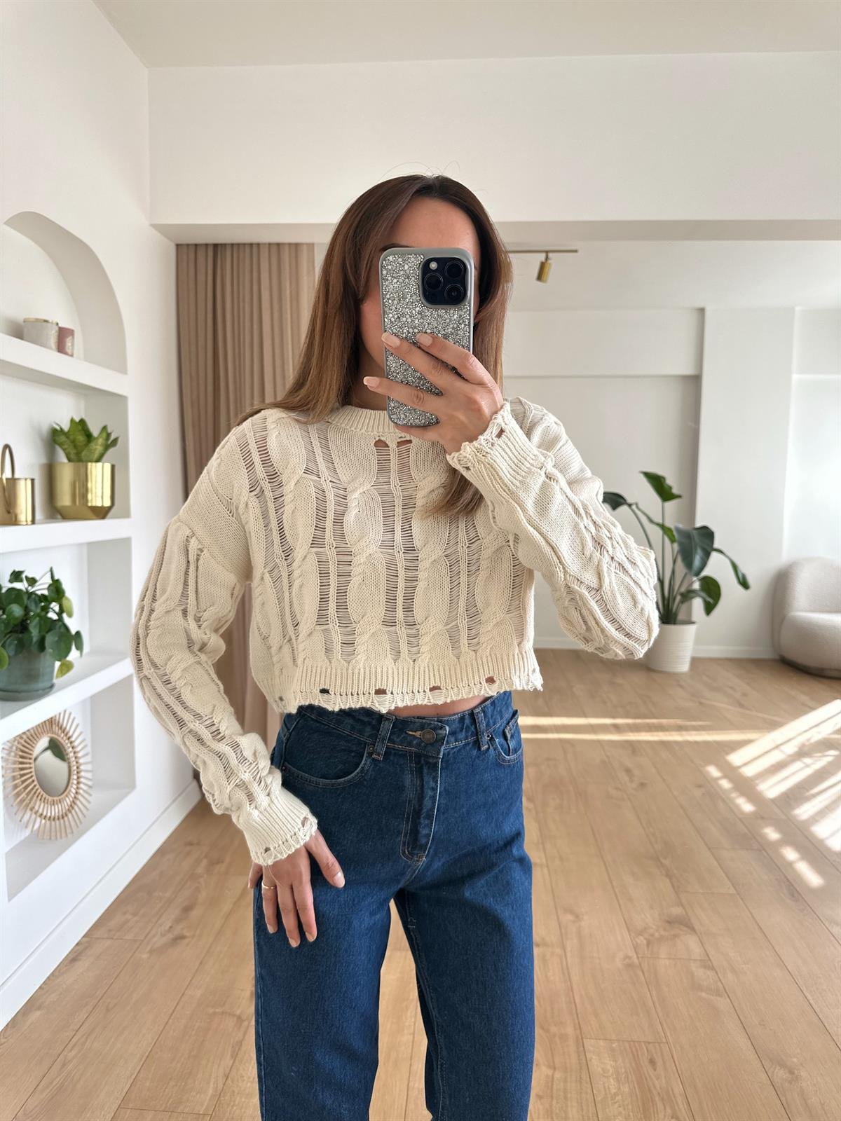 KREM AJURLU CROP TRİKO