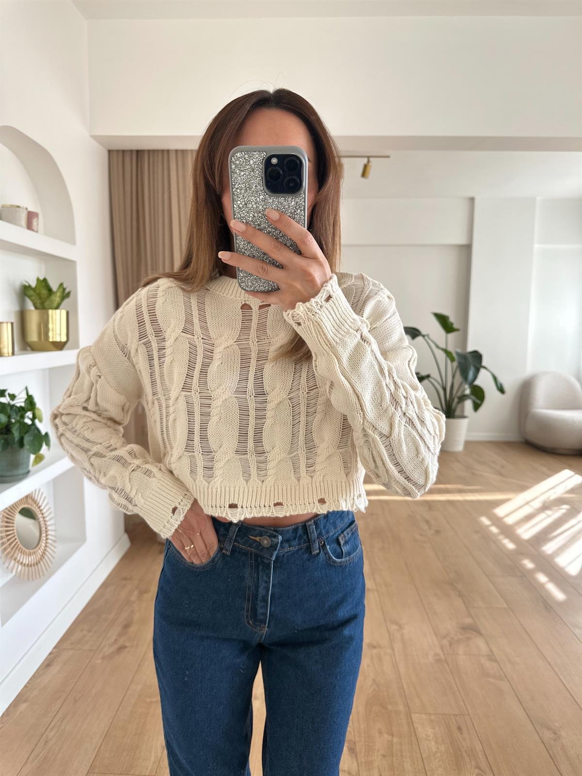 KREM AJURLU CROP TRİKO