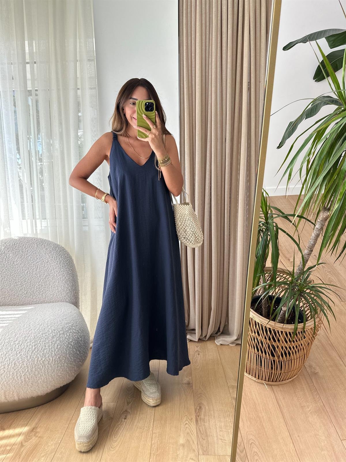 LACİVERT ASKILI TENSEL ELBİSE