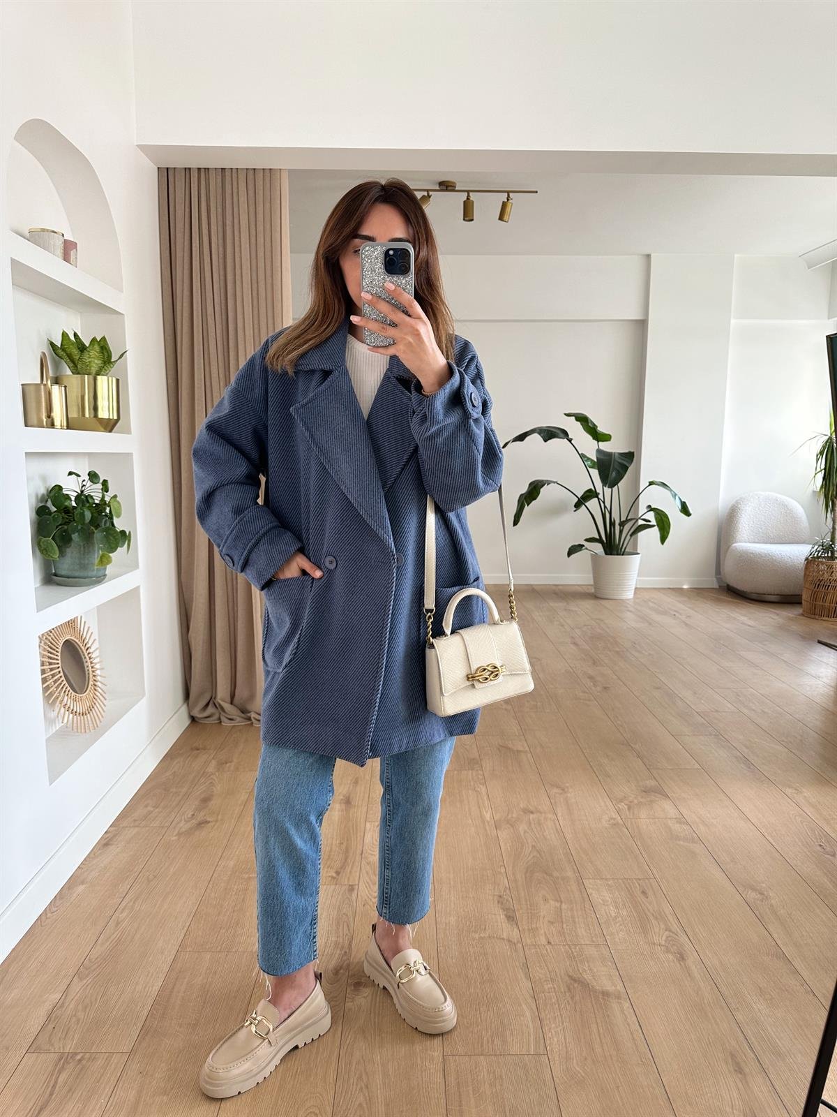 LACİVERT ASTARLI DÜŞÜK OMUZ OVERSIZE KABAN 