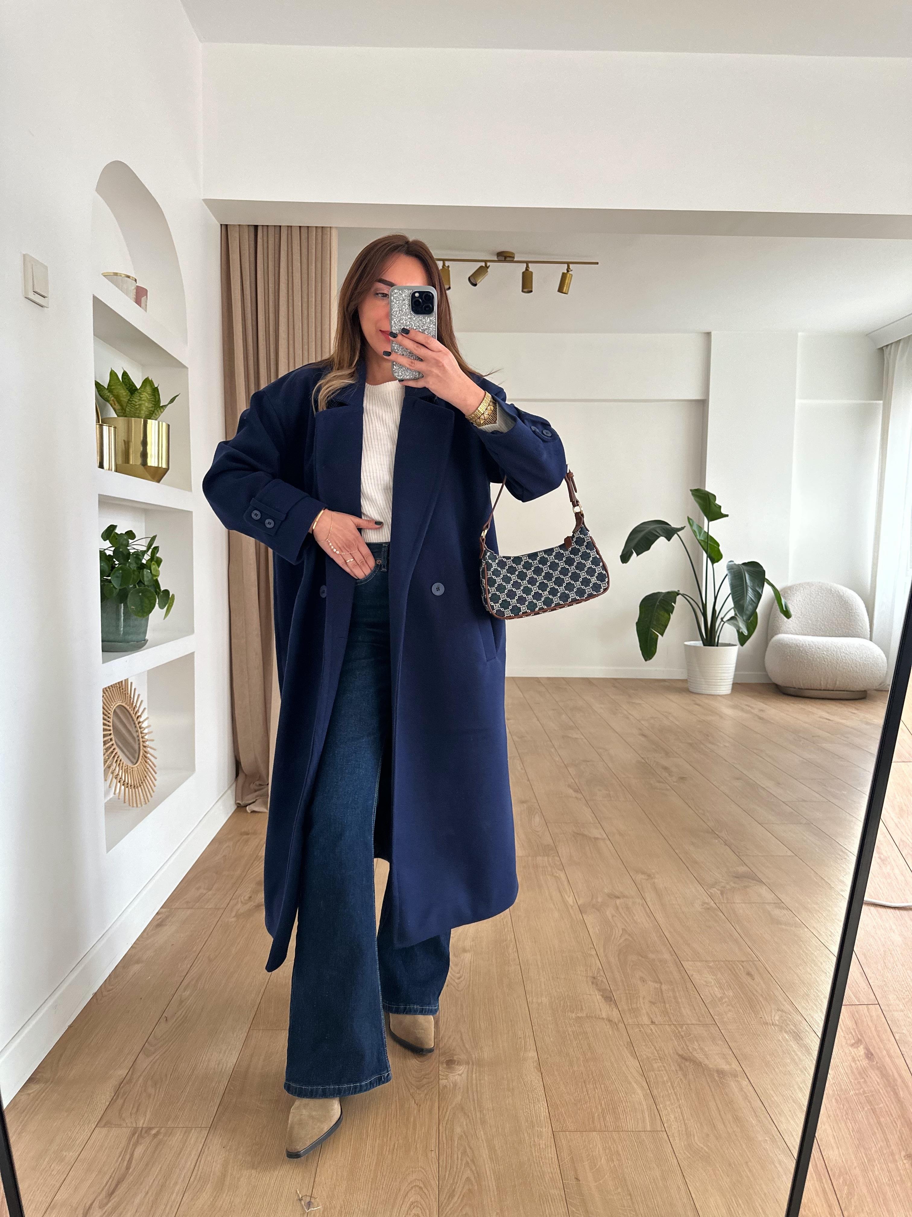 LACİVERT ASTARLI OVERSIZE KAŞE KABAN