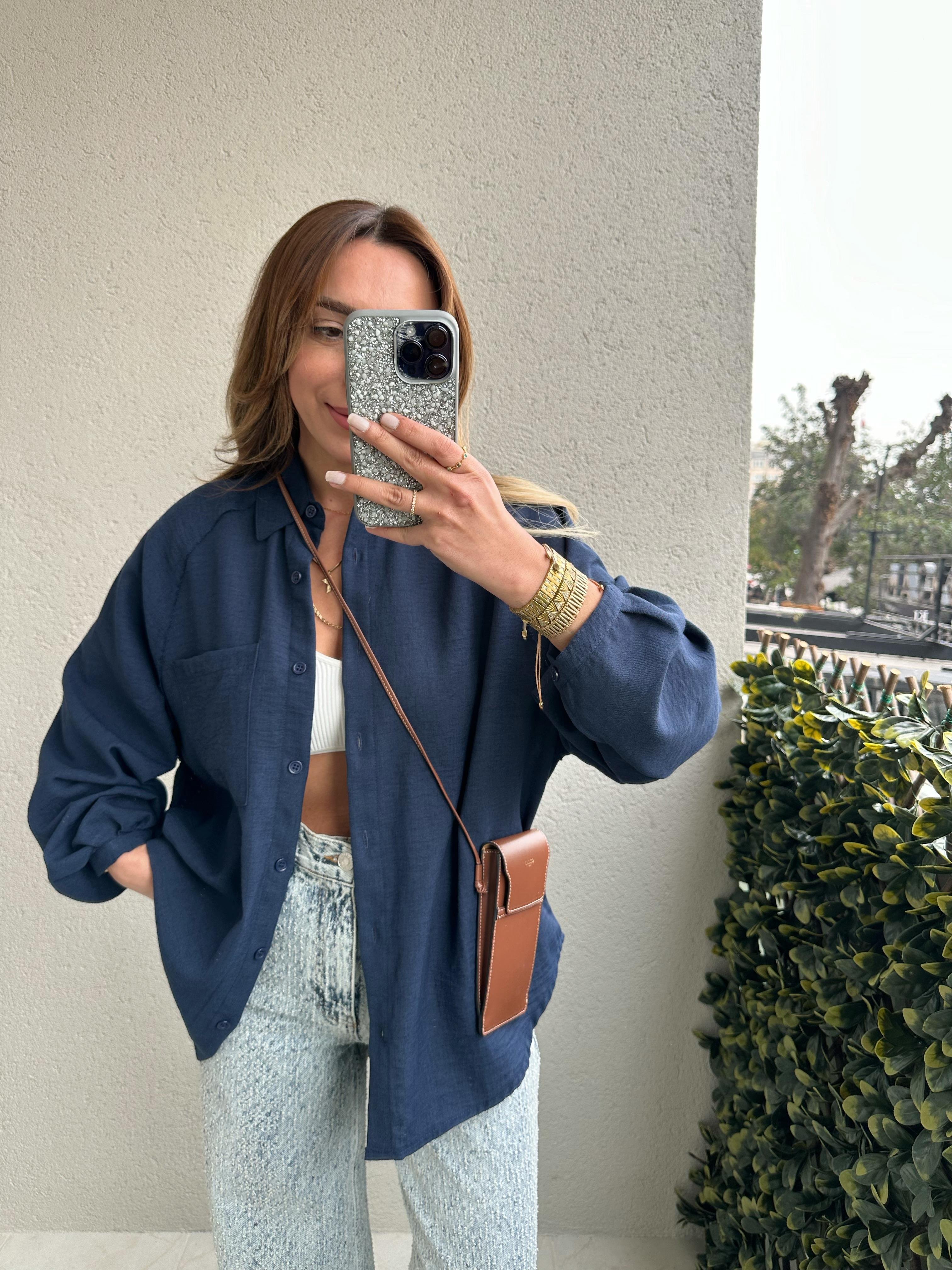 LACİVERT BALON KOL OVERSIZE KETEN GÖMLEK