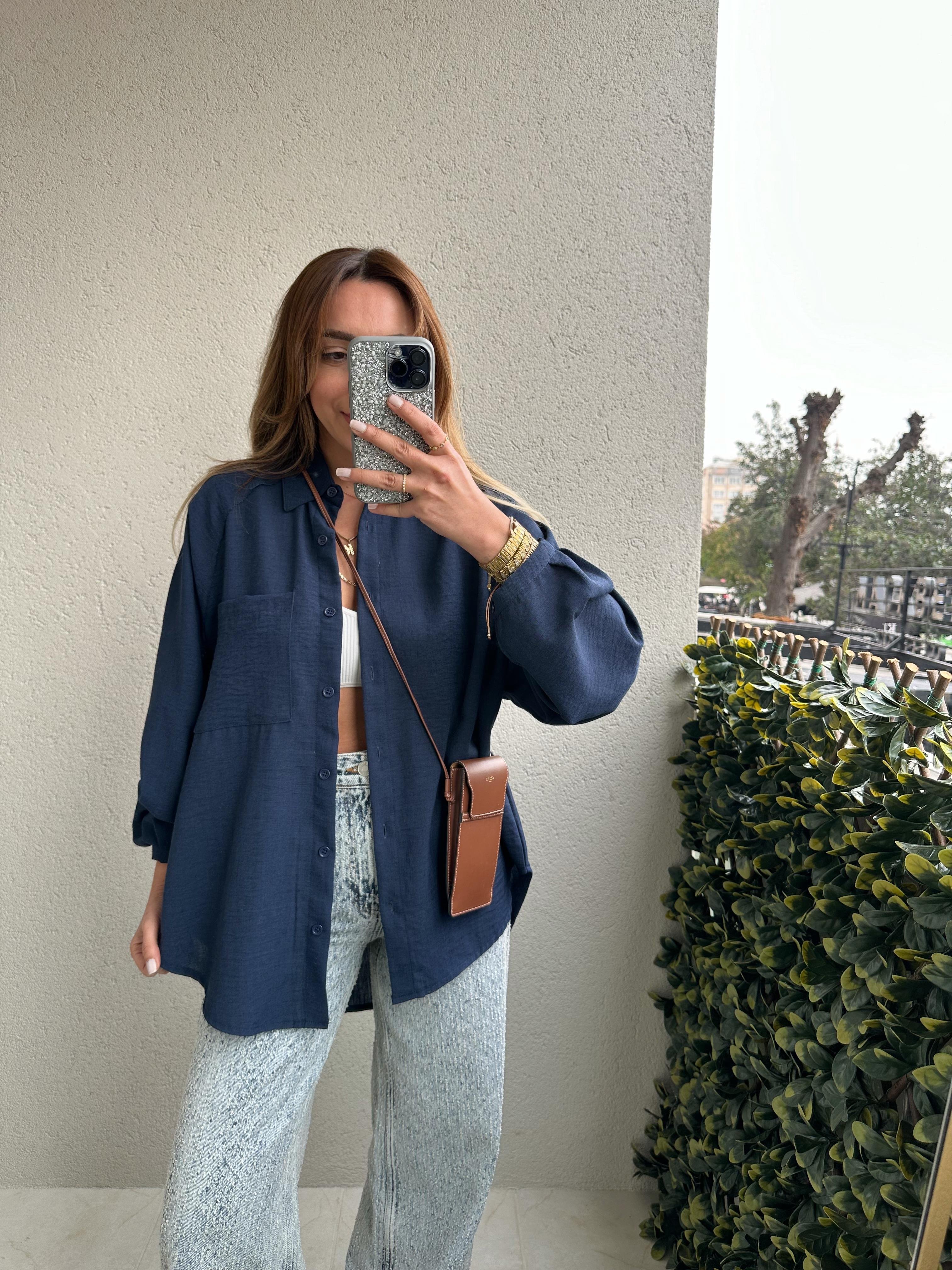 LACİVERT BALON KOL OVERSIZE KETEN GÖMLEK