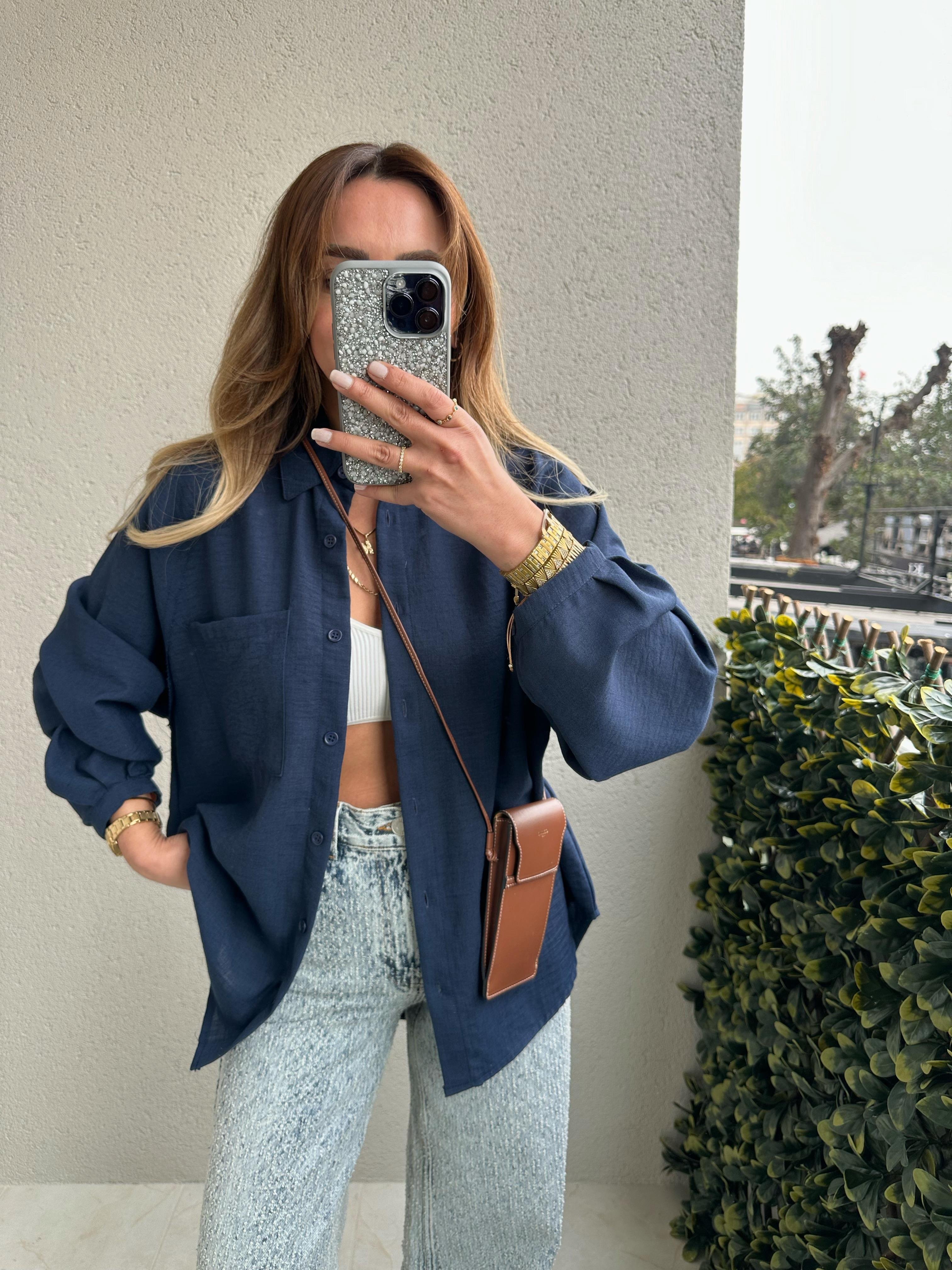 LACİVERT BALON KOL OVERSIZE KETEN GÖMLEK