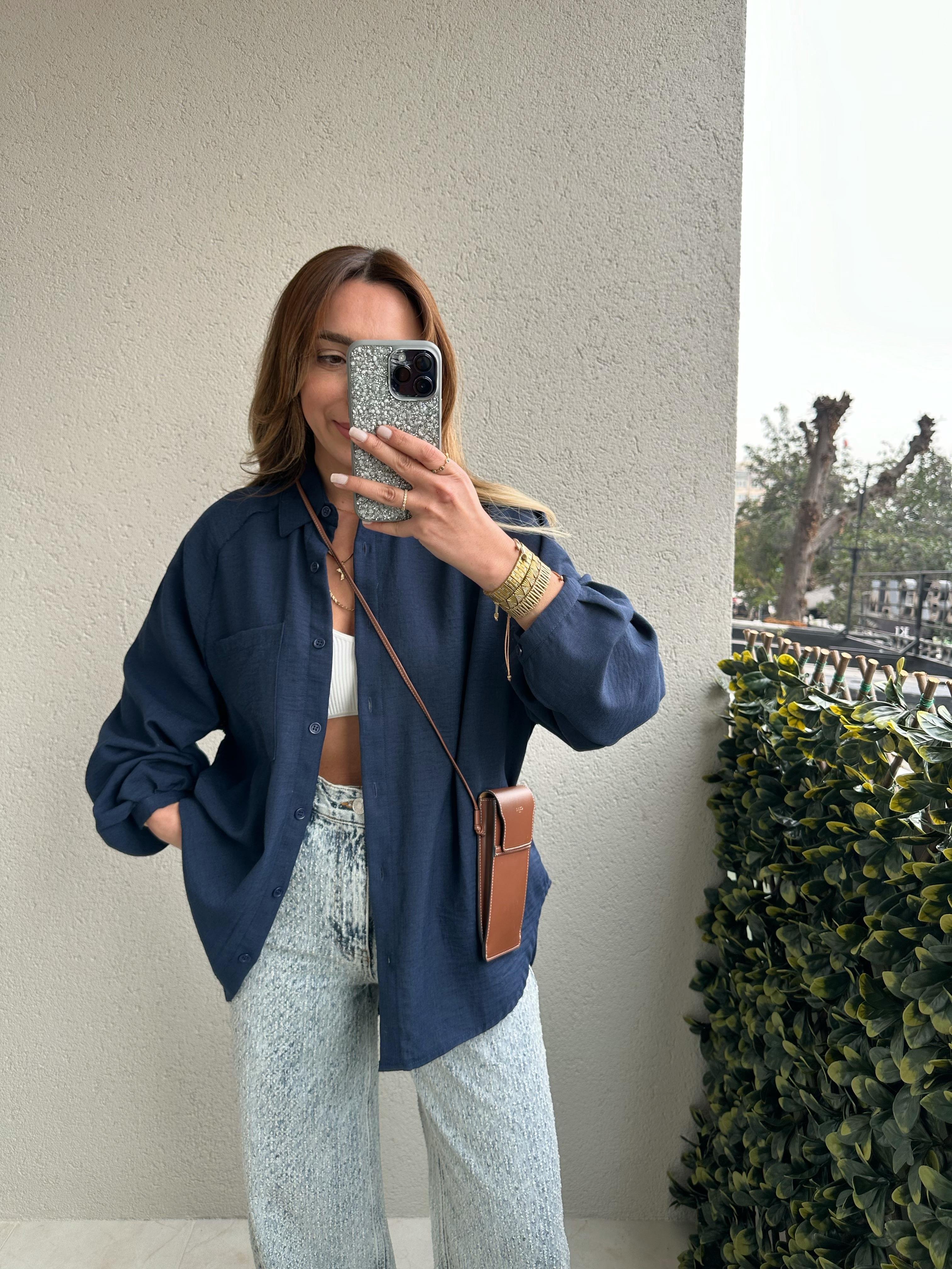 LACİVERT BALON KOL OVERSIZE KETEN GÖMLEK