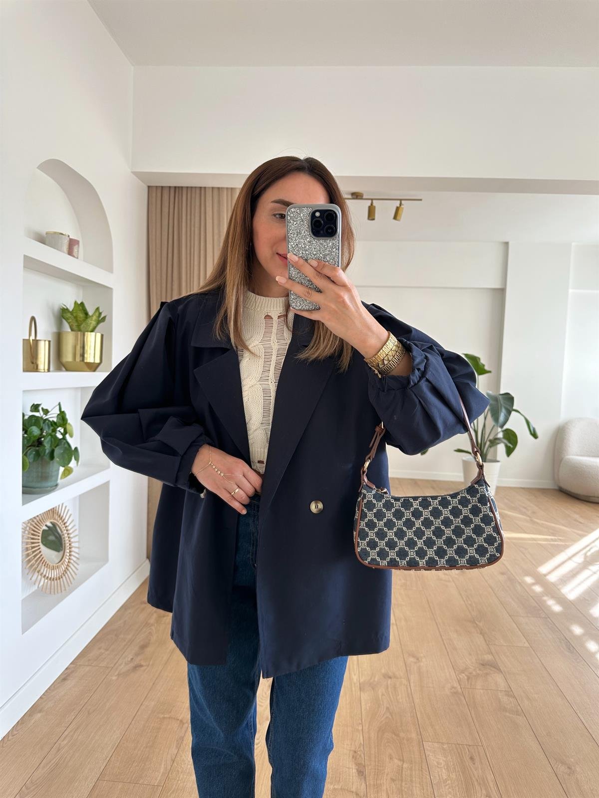 LACİVERT BALON KOL OVERSİZE TRENCH