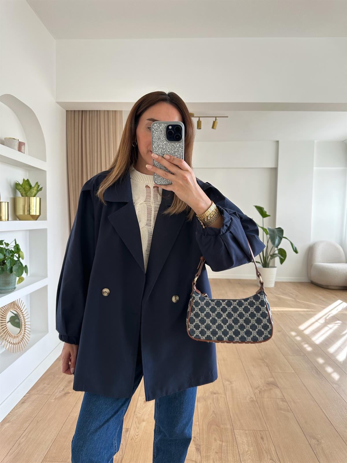 LACİVERT BALON KOL OVERSİZE TRENCH
