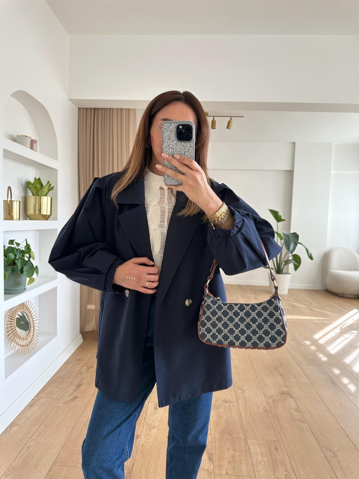 LACİVERT BALON KOL OVERSİZE TRENCH