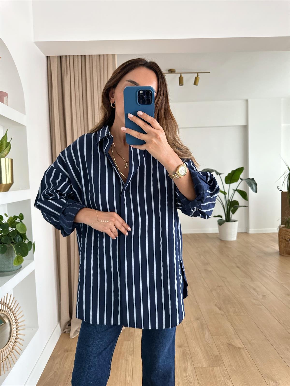 LACİVERT ÇİZGİLİ OVERSIZE GÖMLEK