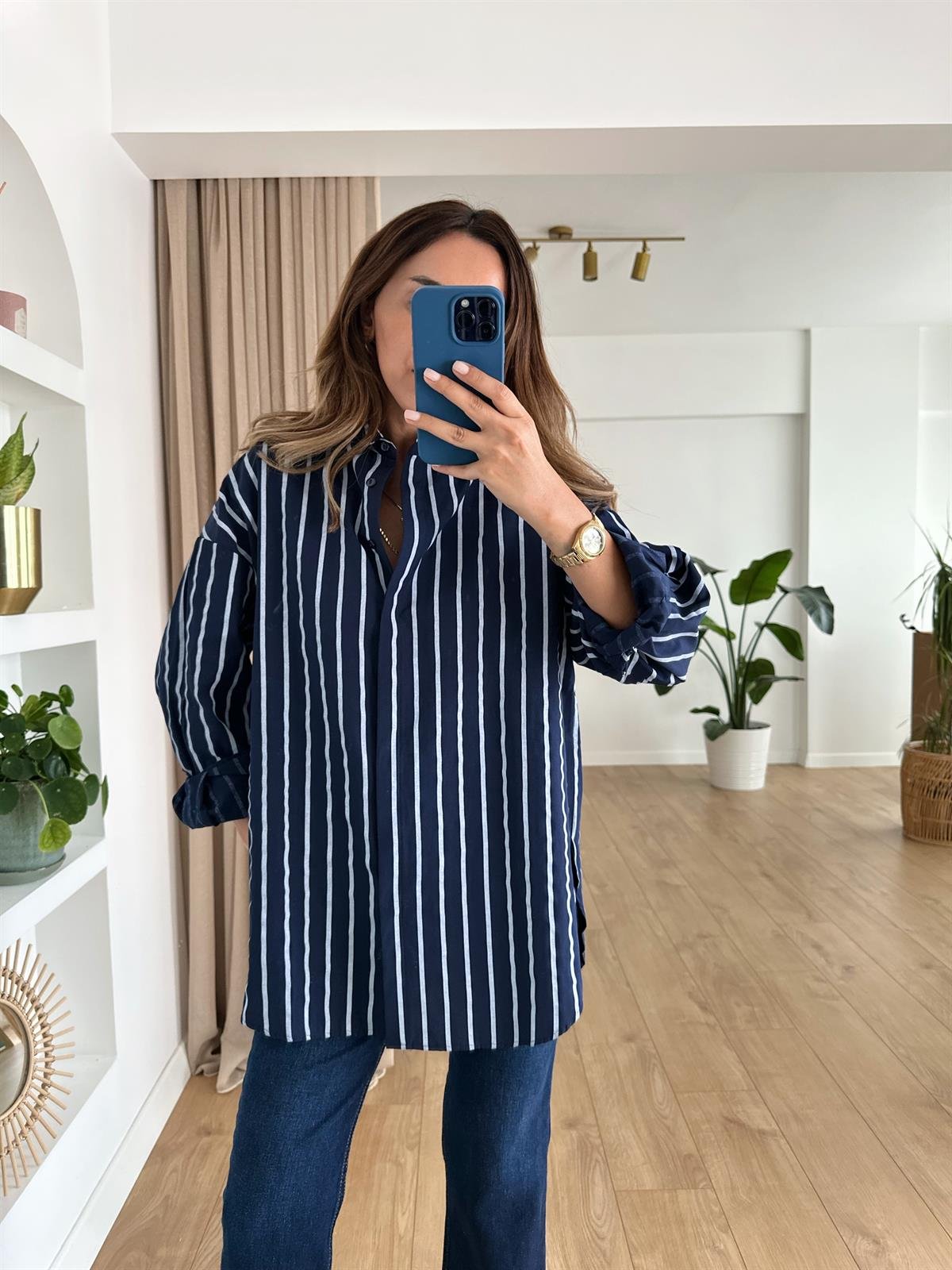 LACİVERT ÇİZGİLİ OVERSIZE GÖMLEK