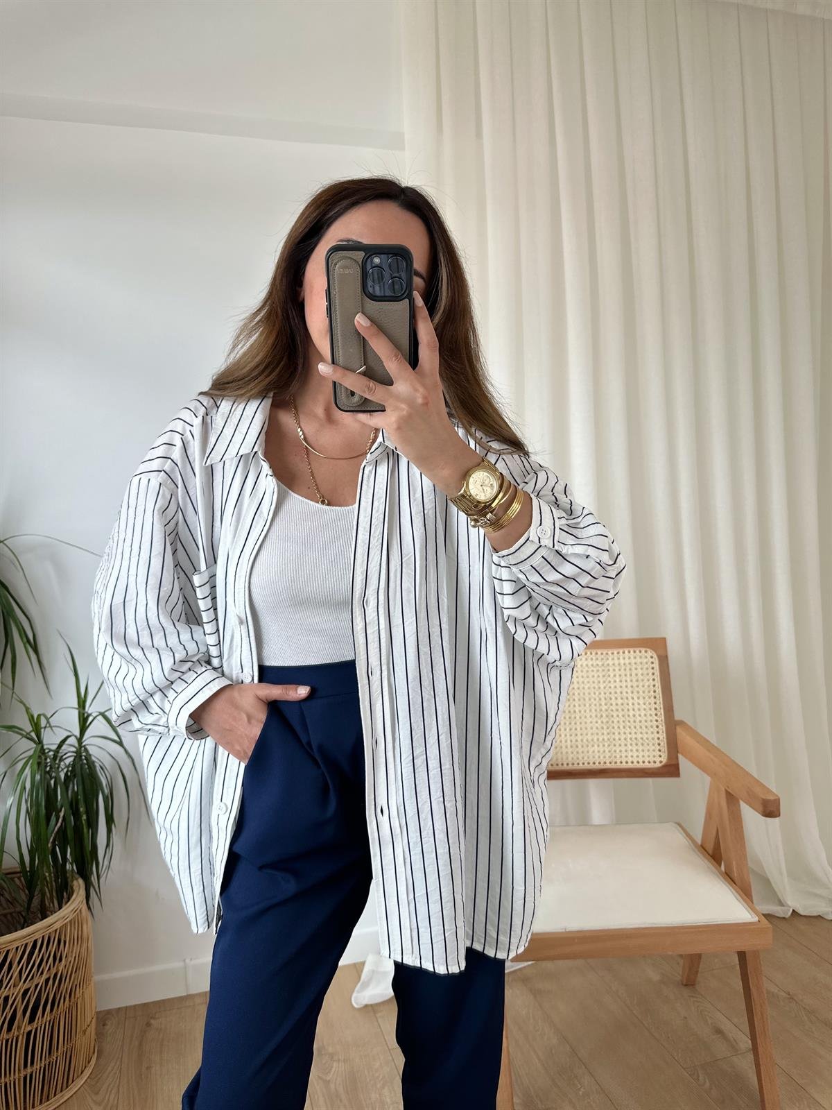LACİVERT ÇİZGİLİ OVERSIZE GÖMLEK