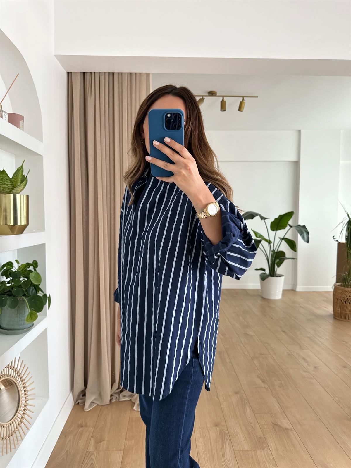 LACİVERT ÇİZGİLİ OVERSIZE GÖMLEK