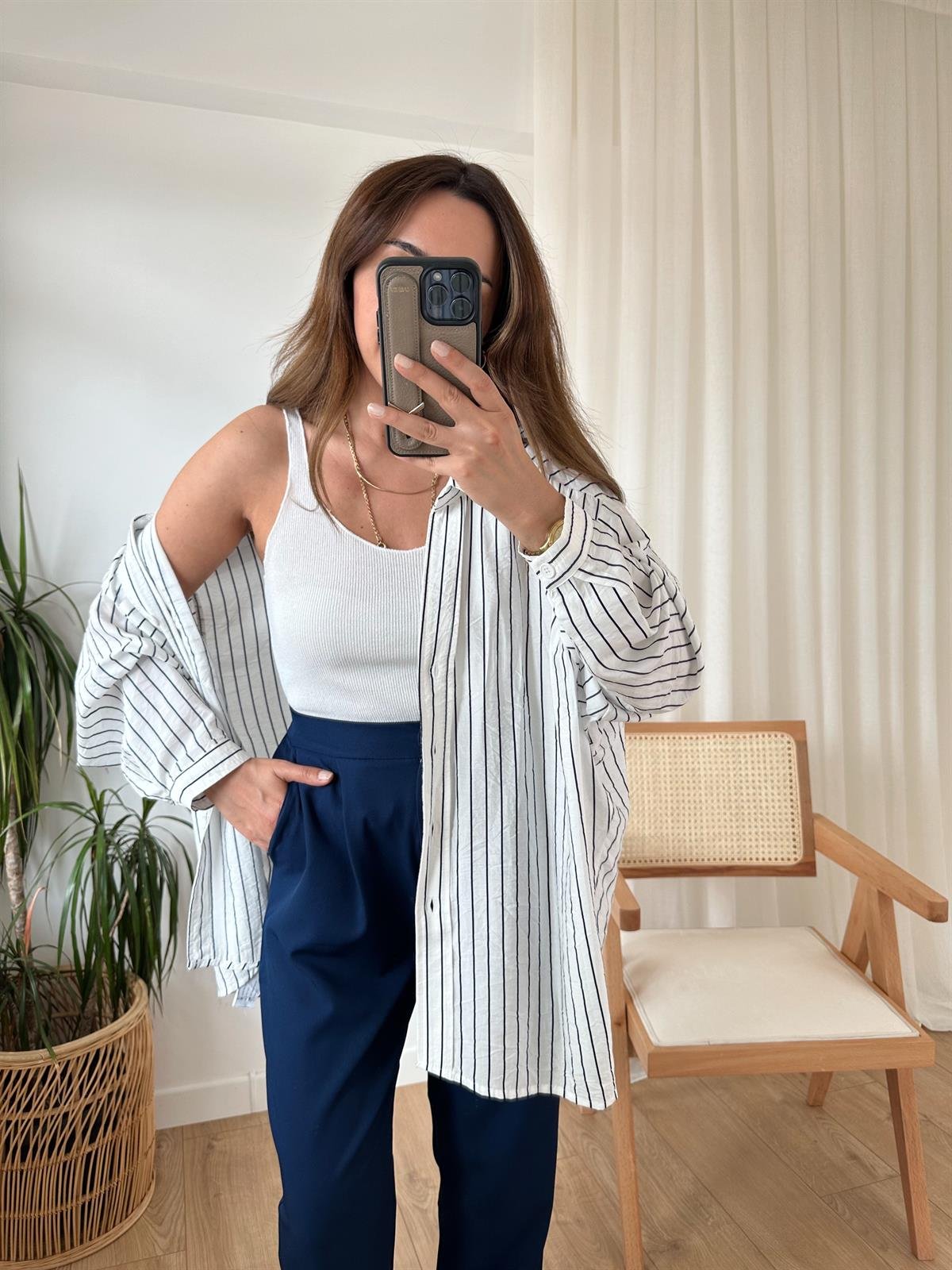 LACİVERT ÇİZGİLİ OVERSIZE GÖMLEK