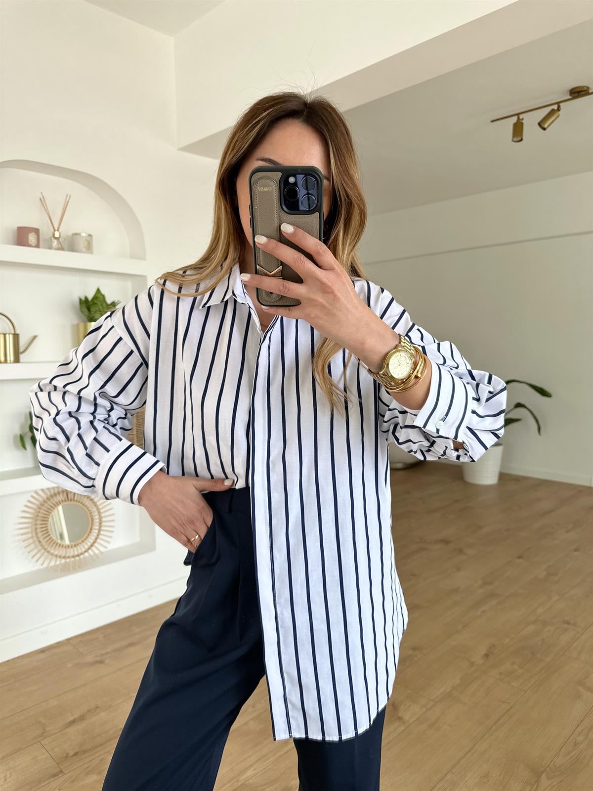 LACİVERT ÇİZGİLİ OVERSIZE GÖMLEK