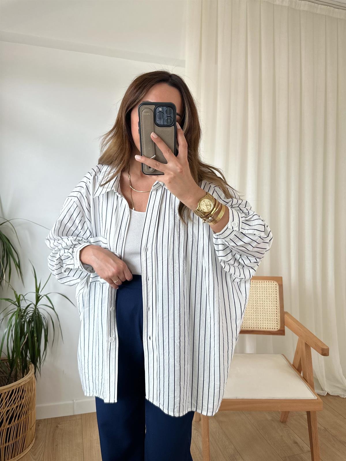 LACİVERT ÇİZGİLİ OVERSIZE GÖMLEK