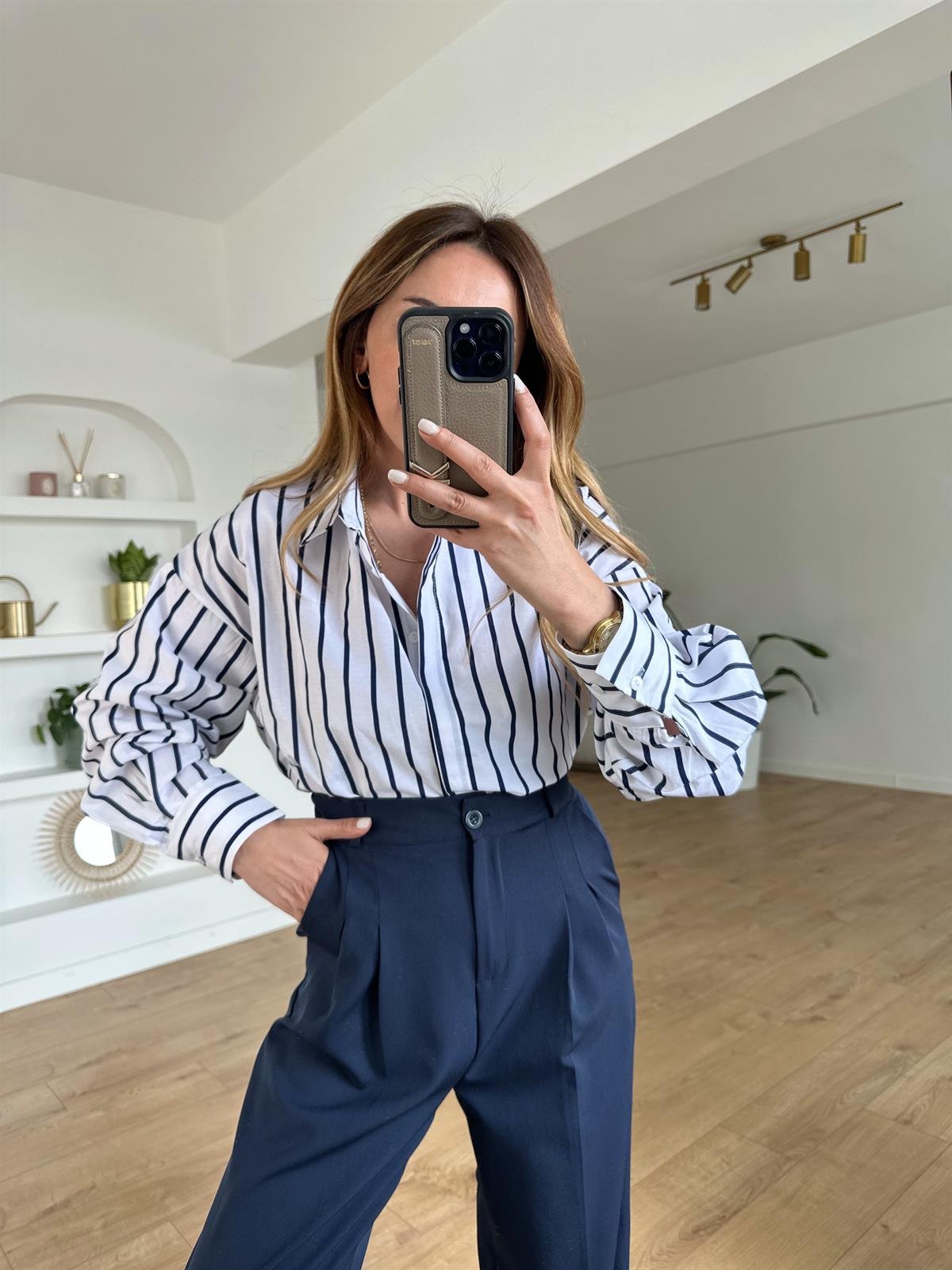 LACİVERT ÇİZGİLİ OVERSIZE GÖMLEK