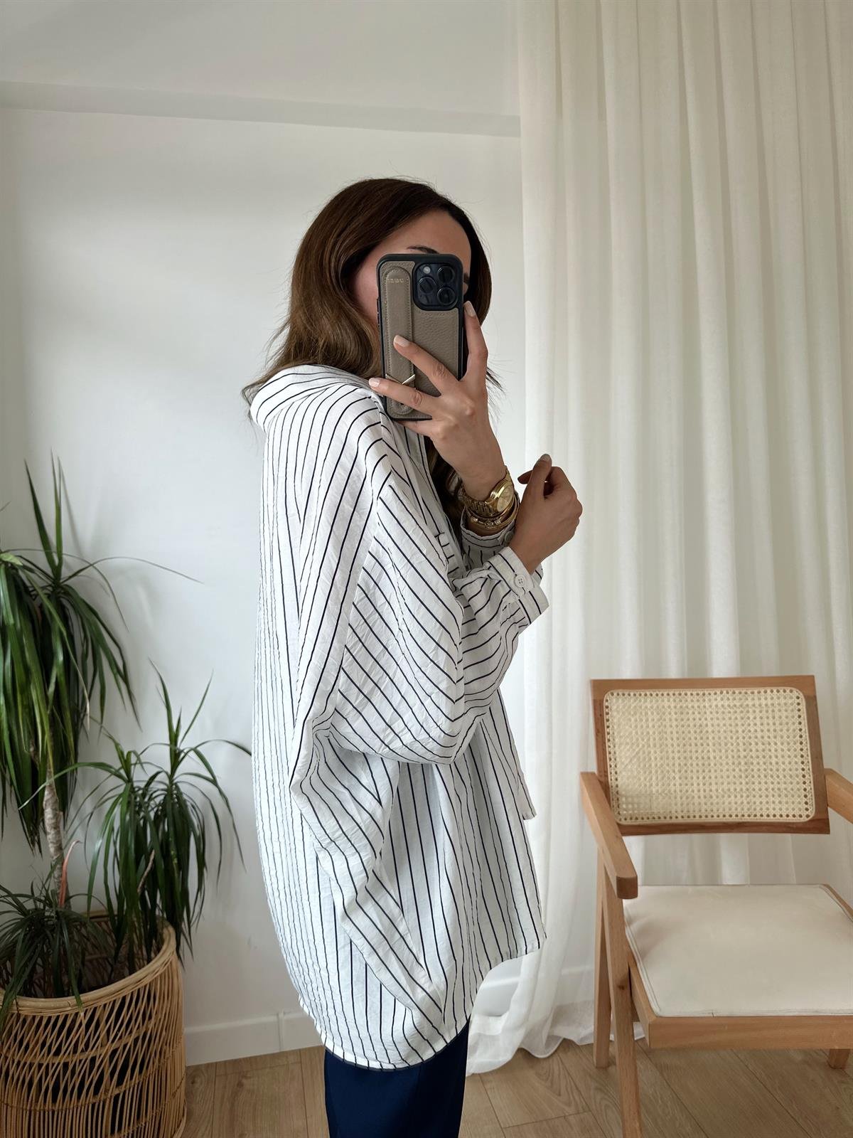 LACİVERT ÇİZGİLİ OVERSIZE GÖMLEK