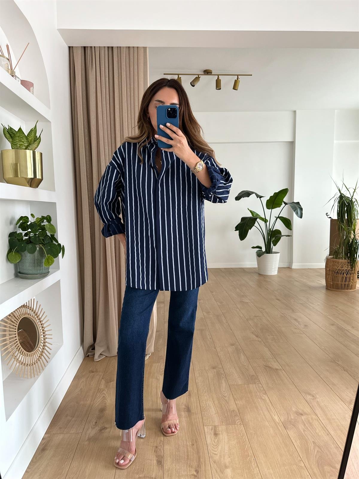 LACİVERT ÇİZGİLİ OVERSIZE GÖMLEK