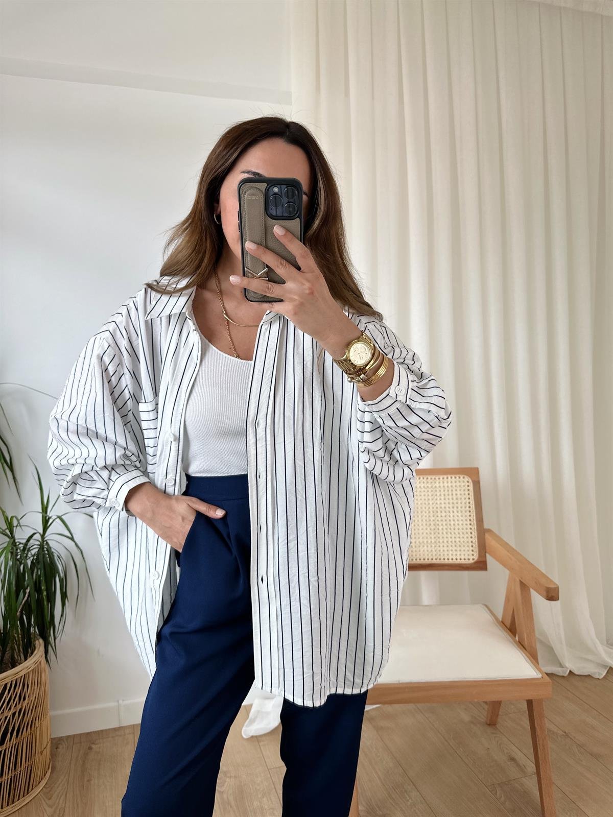 LACİVERT ÇİZGİLİ OVERSIZE GÖMLEK