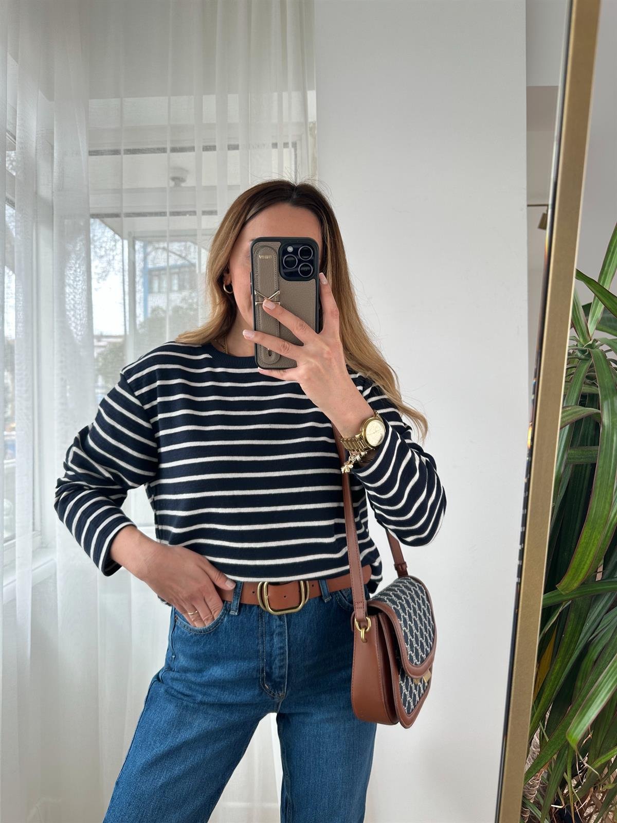 LACİVERT ÇİZGİLİ OVERSİZE ÖRME SWEAT