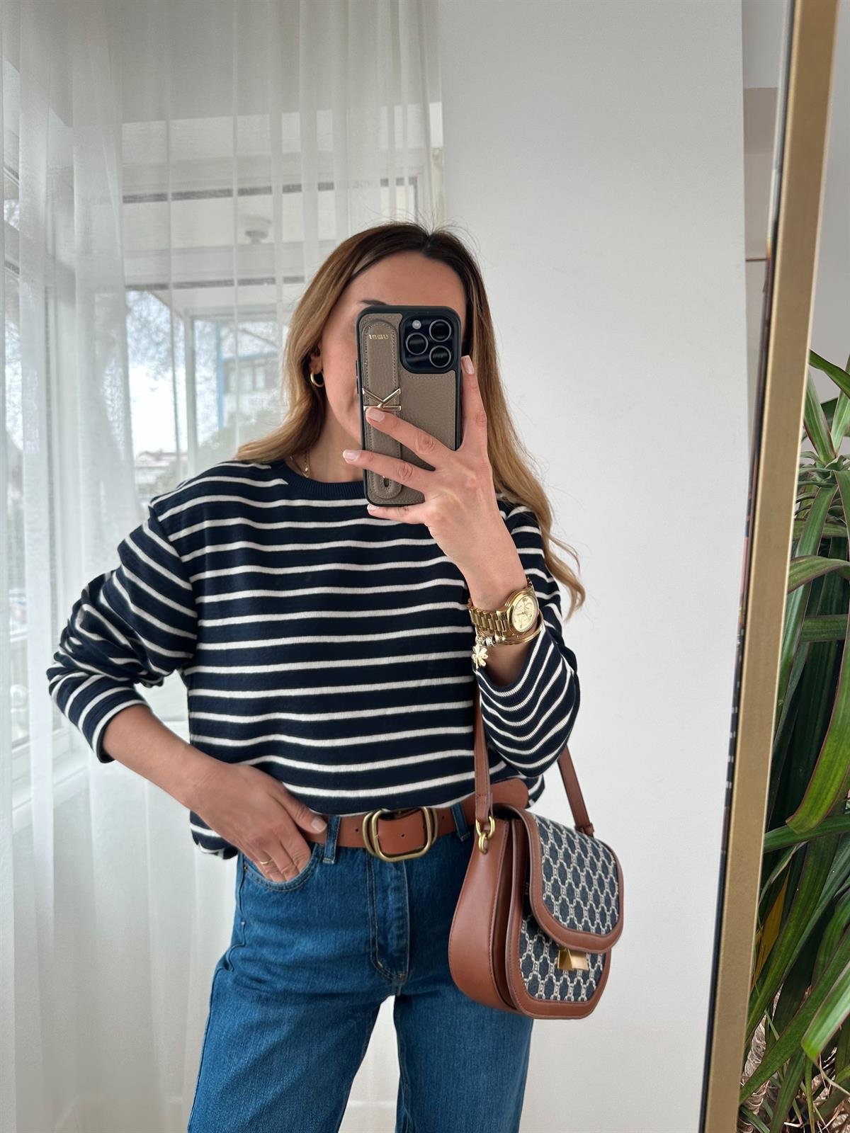 LACİVERT ÇİZGİLİ OVERSİZE ÖRME SWEAT
