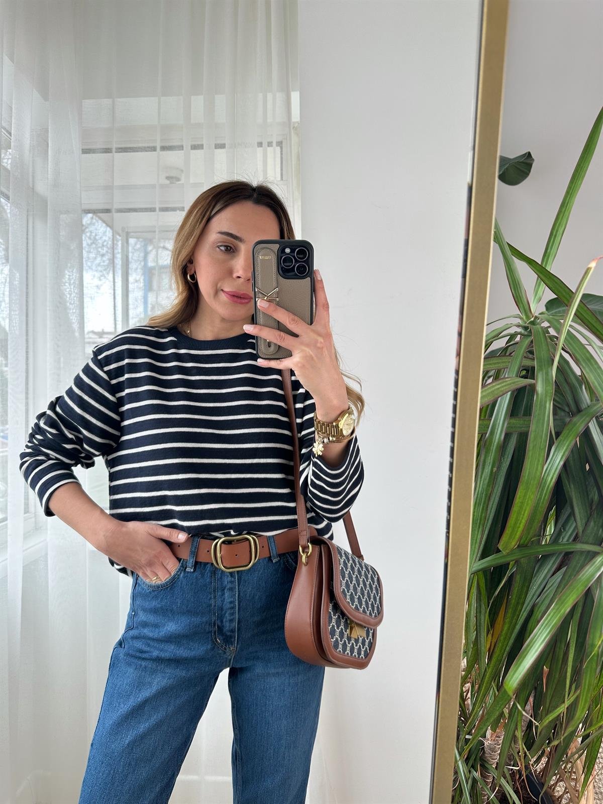 LACİVERT ÇİZGİLİ OVERSİZE ÖRME SWEAT