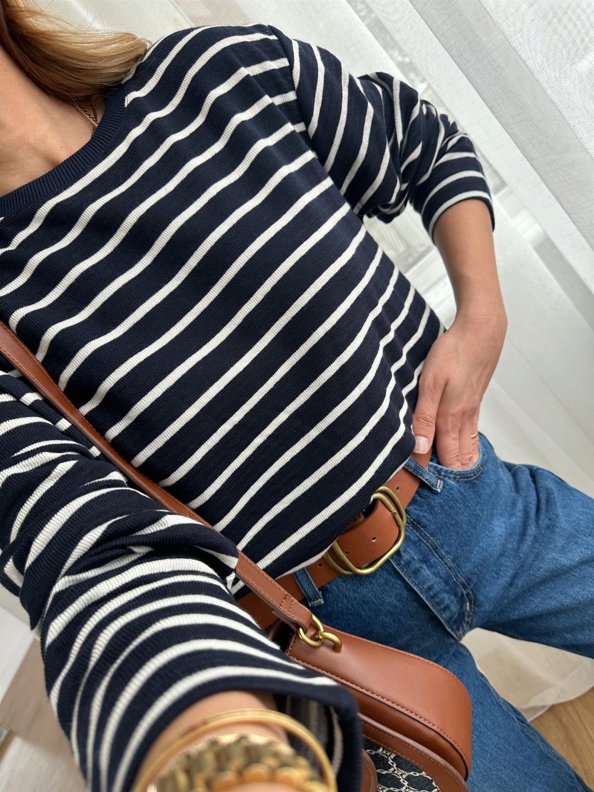 LACİVERT ÇİZGİLİ OVERSİZE ÖRME SWEAT