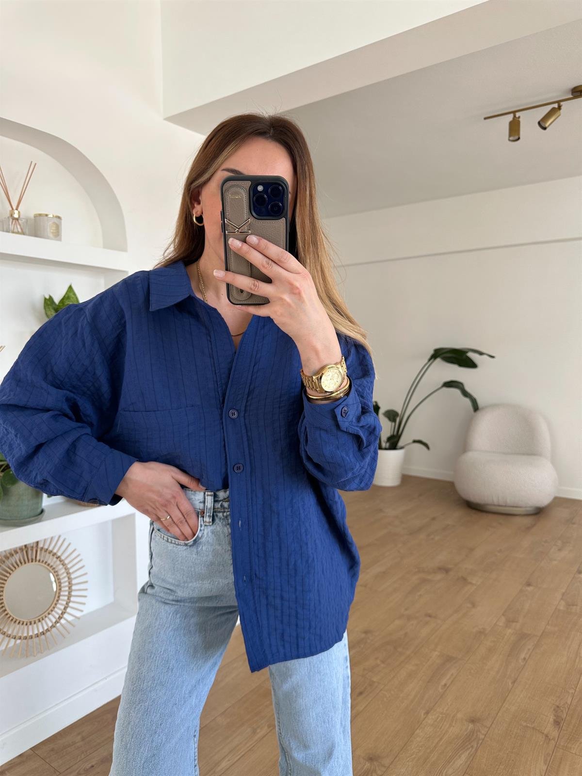 LACİVERT ÇİZGİLİ TENSEL OVERSIZE GÖMLEK