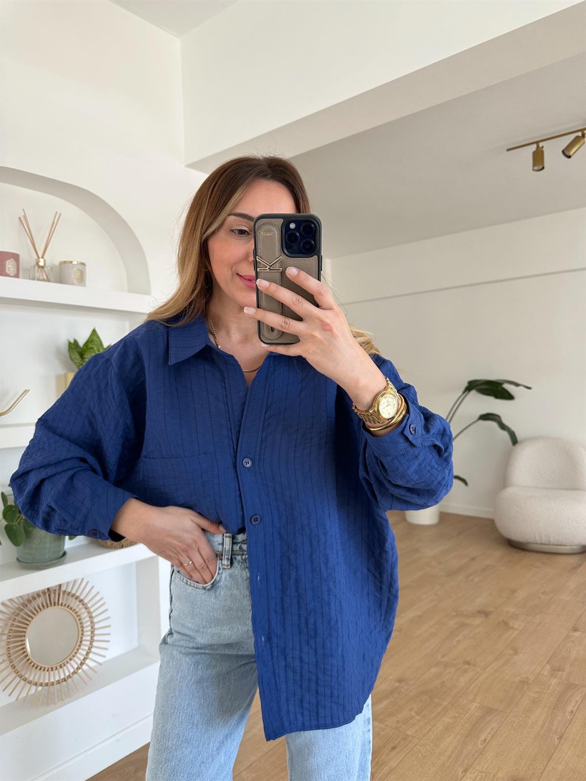 LACİVERT ÇİZGİLİ TENSEL OVERSIZE GÖMLEK