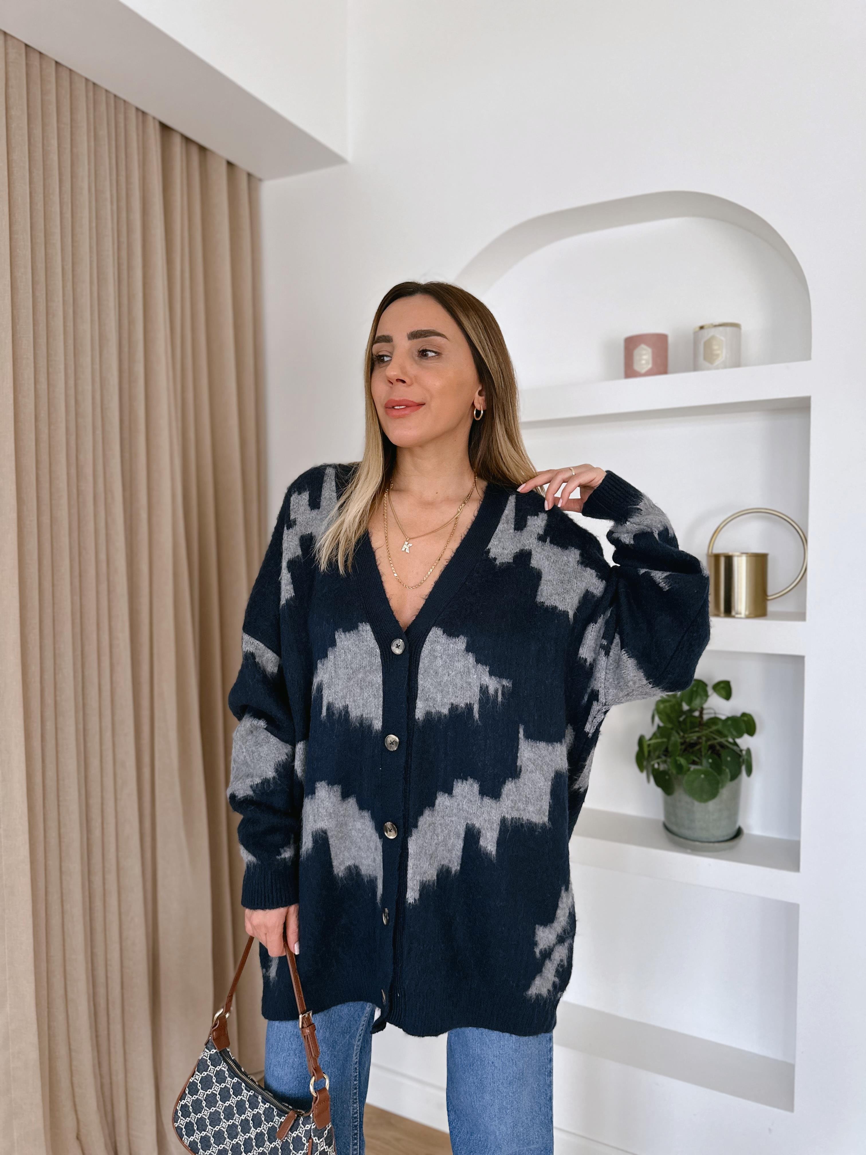 LACİVERT DESENLİ ŞARDONLU KALIN HIRKA