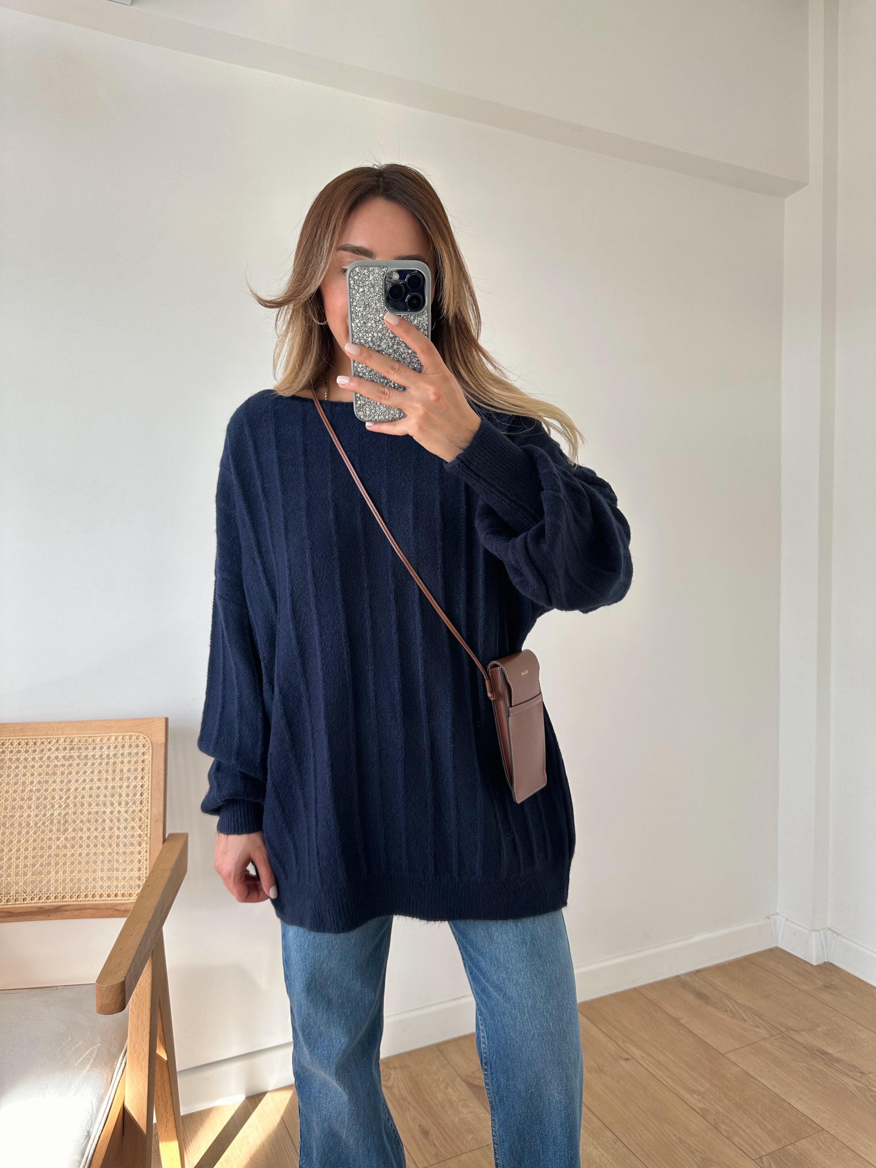 LACİVERT KAYIK YAKA FİTİLLİ OVERSIZE KAZAK