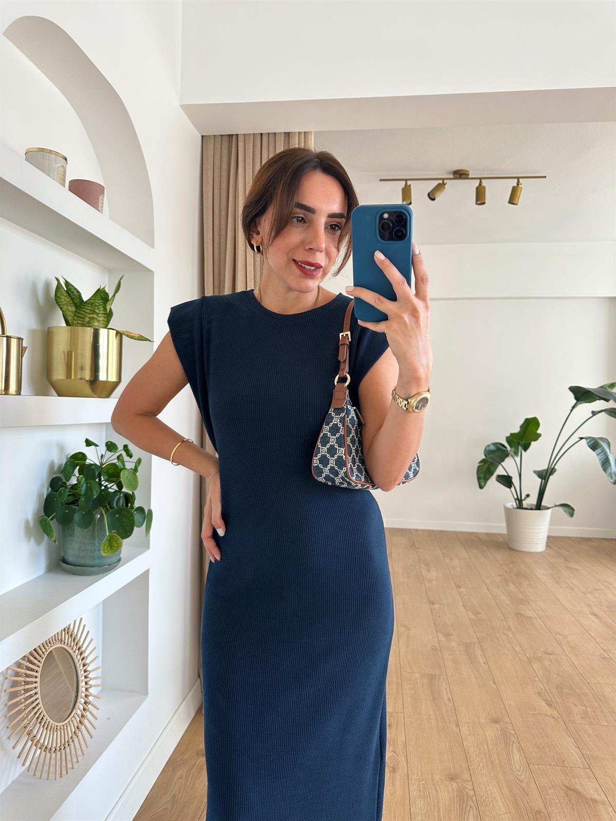 LACİVERT OMUZ DETAYLI BASIC ELBİSE
