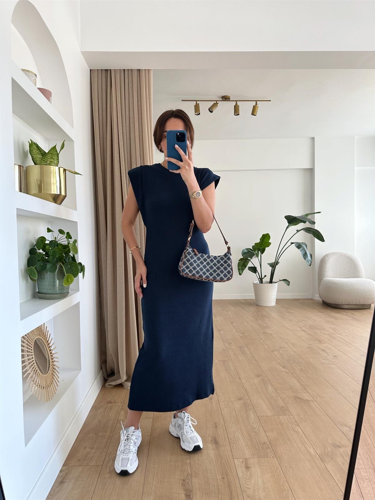 LACİVERT OMUZ DETAYLI BASIC ELBİSE