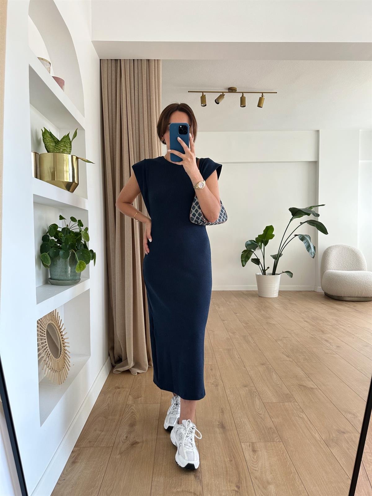 LACİVERT OMUZ DETAYLI BASIC ELBİSE