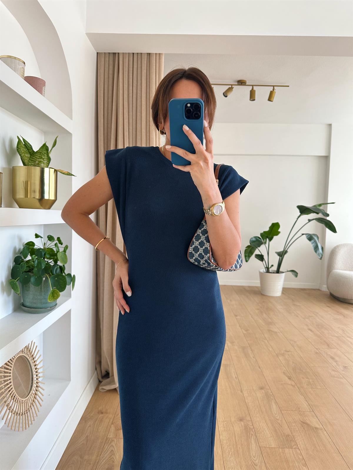 LACİVERT OMUZ DETAYLI BASIC ELBİSE